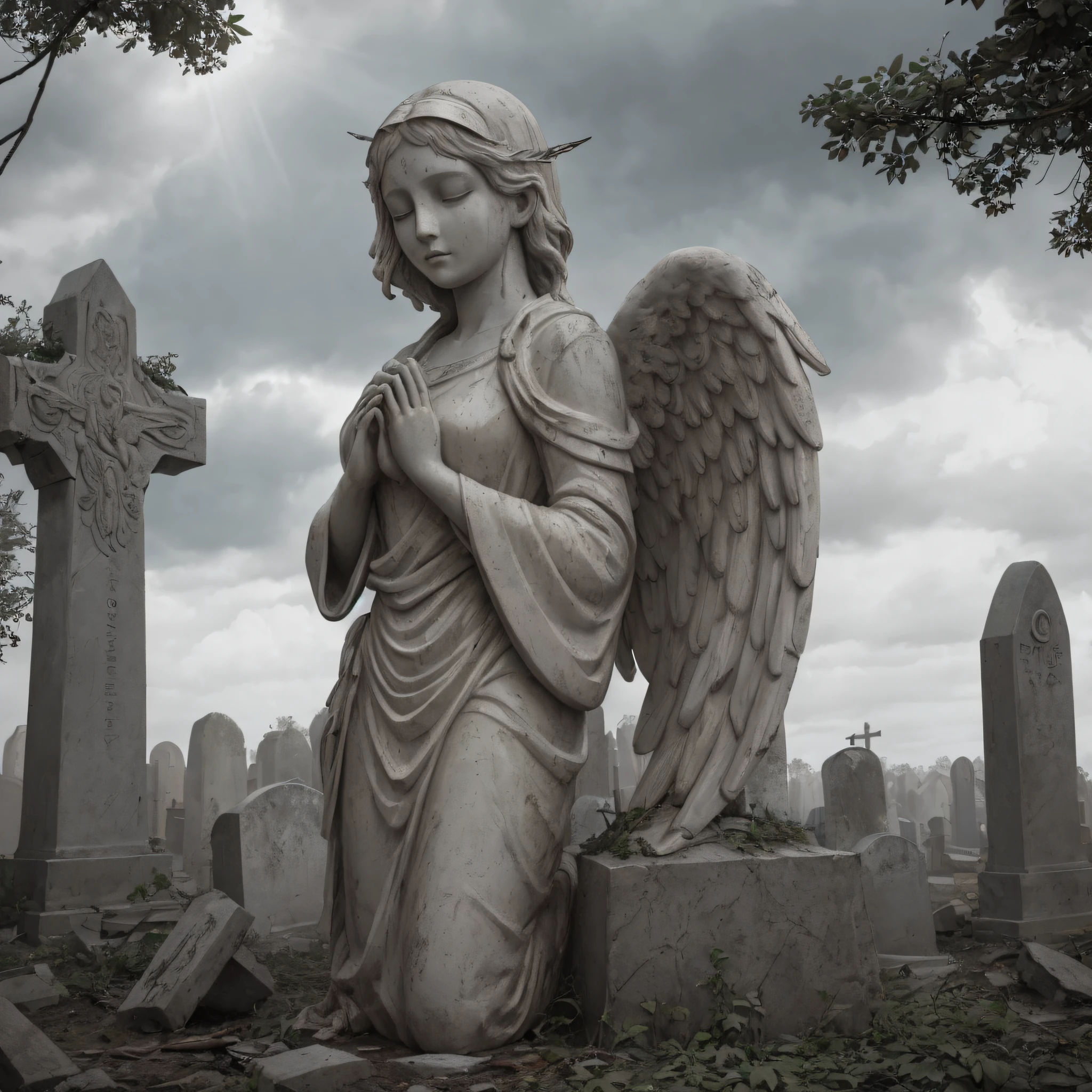 [angel statue on a postament:angel:0.2], praying woman stone statue, [hands closed in prayer], [(angelic wings), robe::0.2], [[overgrowth vegetation]:((overgrowth vegetation)):0.2], serene beautiful face, [overcast sky, god rays:(god rays):0.4], [deserted graveyard ruins, forsaken monastery, forged fence:broken gravestones, (crumbling ruins), (desolation):4], raw photo, Fujifilm XT3, Canon EOS R5, sharp focus, depth of field, [pale colors:ultra detailed, high contrast:0.4]