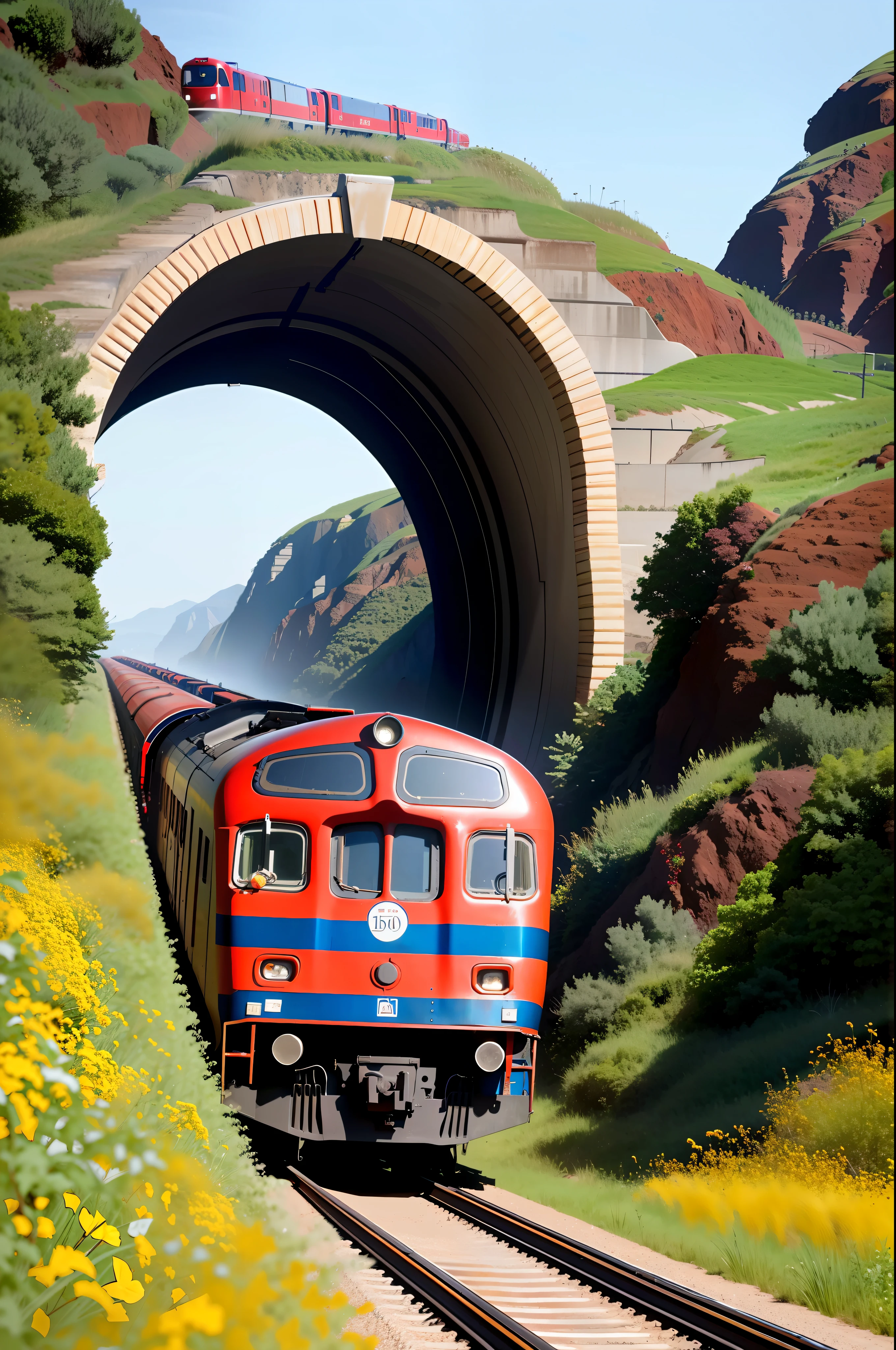 metallic red train, Asymmetrical look, (8K, masterpiece, best quality, high quality, extremely full detailed), worm's eye view, Metallic red train is coming out of the mountain (hole tunnel), worm's eye view, on the railway, the vast blue sky, suburb landscape, HQ.