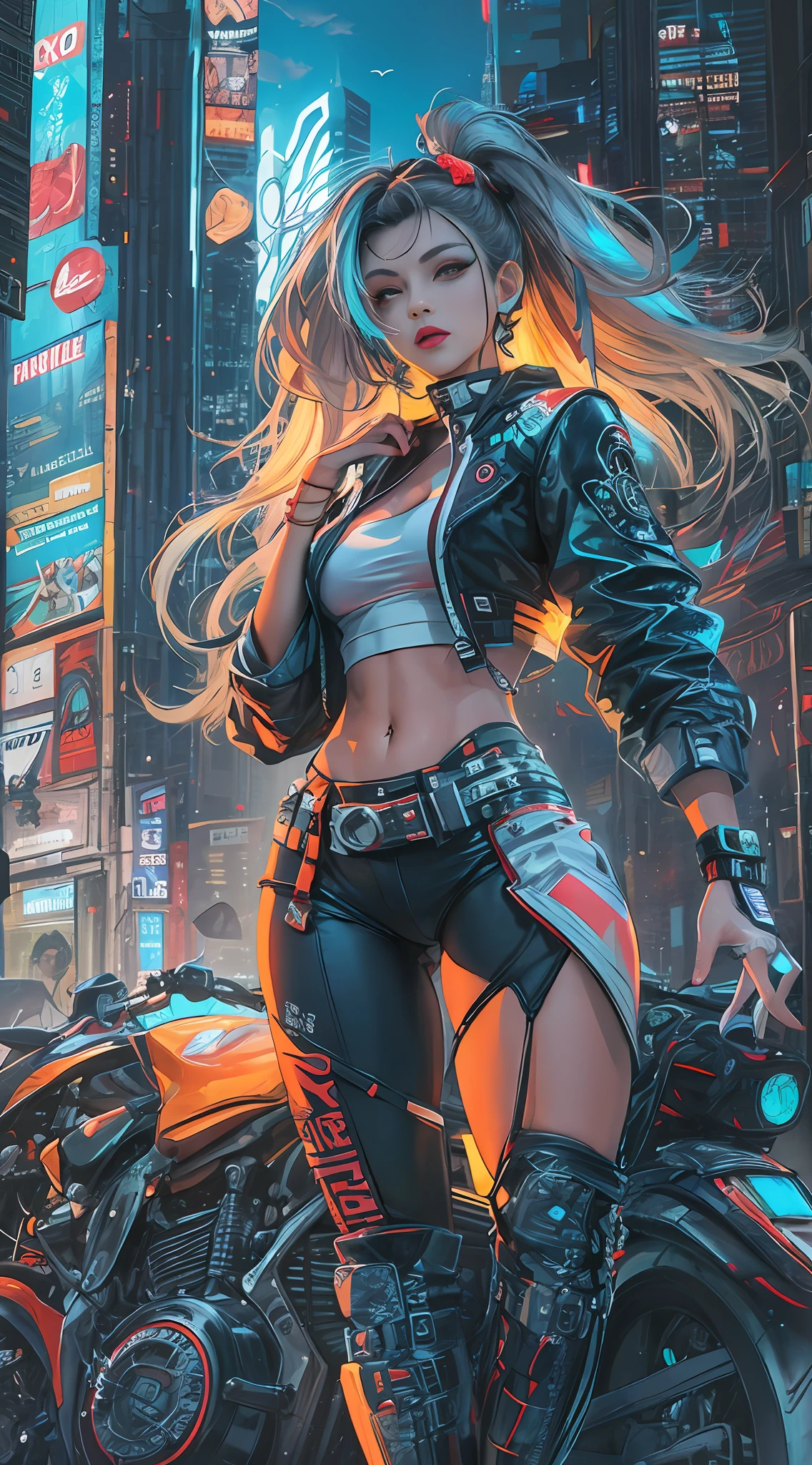 masterpiece, best quality, 1 cyberpunk girl, full body shot, standing next to motorcycle, Confident cyberpunk girl with sassy expression, Harajuku-inspired pop outfit, bold colors and patterns, eye-catching accessories, trendy and innovative hairstyle, vibrant makeup, Cyberpunk dazzling cityscape, skyscrapers, neon signs, LED lights, bright and vivid color scheme, anime, illustration, detailed skin texture, detailed cloth texture, beautiful detailed face, intricate details, ultra detailed.