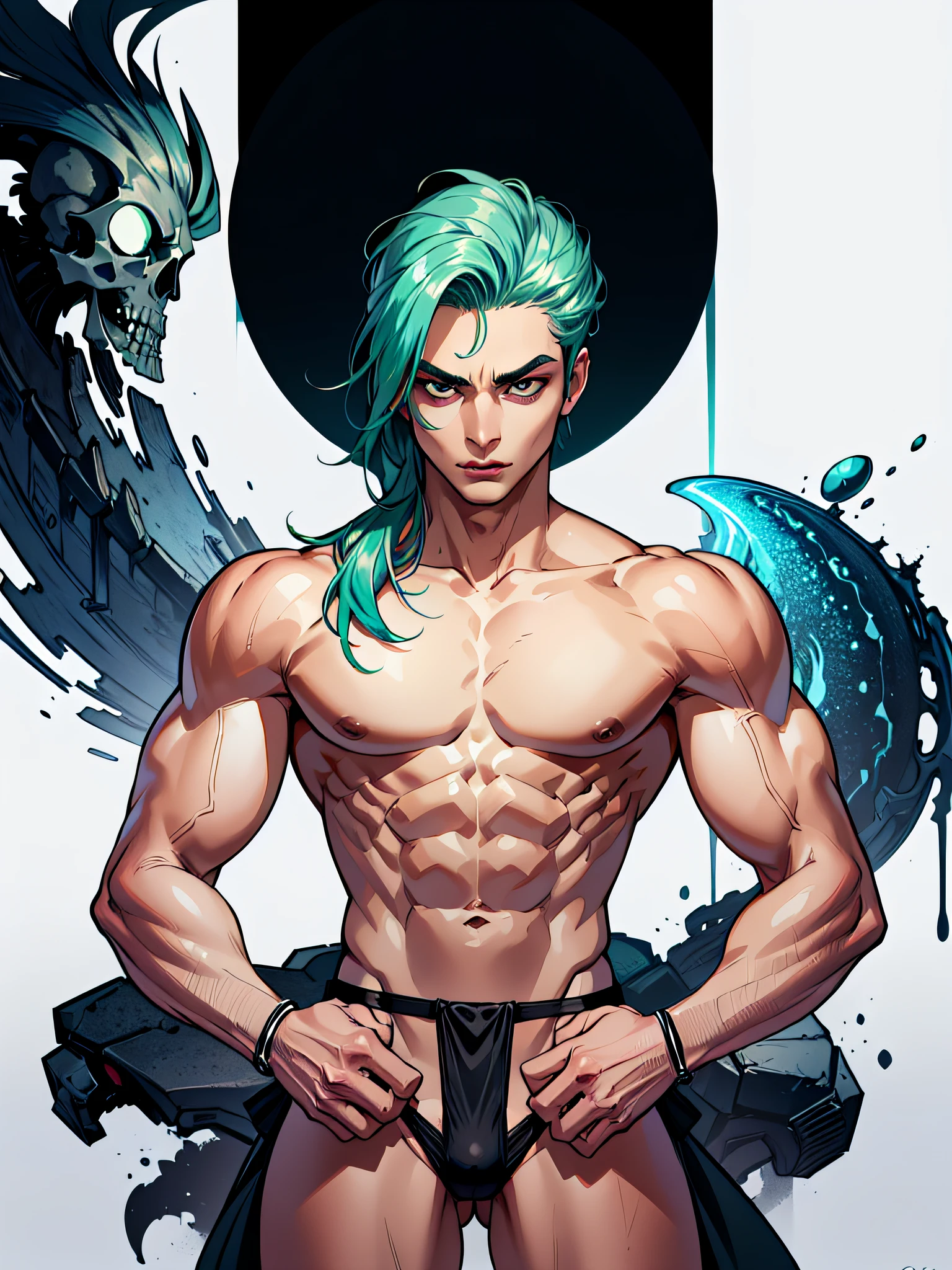 (masterpiece, best quality), man, wearing micro thong  ((black micro-thong:skull_pattern_design_thong)) , bio-luminescent_water_world, wide angle, athletic body, male, shinny_skin, flat chest, silver eyes, green hair styled in spikes, determined expression, small waist, broad chest, big mane, muscular , illustration, watercolor ink sketch, ((extremely detailed, extremely detailed legs, extremely detailed arms, extremely detailed face, perfectly detailed eyes, perfectly detailed anatomy))