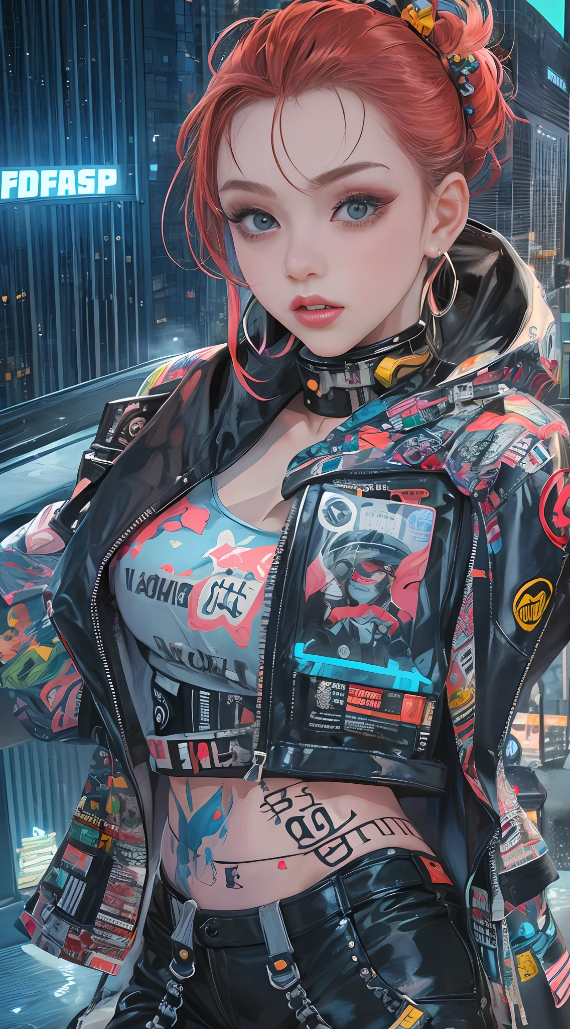 masterpiece, best quality, 1 cyberpunk girl, full body shot, standing next to motorcycle, Confident cyberpunk girl with sassy expression, Harajuku-inspired pop outfit, bold colors and patterns, eye-catching accessories, trendy and innovative hairstyle, vibrant makeup, Cyberpunk dazzling cityscape, skyscrapers, neon signs, LED lights, bright and vivid color scheme, anime, illustration, detailed skin texture, detailed cloth texture, beautiful detailed face, intricate details, ultra detailed.