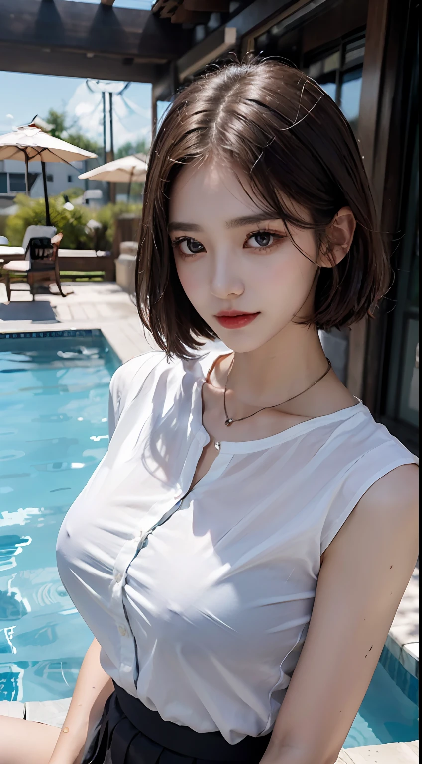 ((top-quality、8K、​masterpiece:1.3))、Crisp focus:1.2、Beautiful woman with perfect body shape:1.4、Slender Abs:1.2、((Colossal tits:1.2))、(Wet white button-up long shirt:1.1)、(Sunny、in poolside:1.2)、a wet body:1.5、Highly detailed facial and skin texture、A detailed eye、二重まぶた、Pleated skirt、White blouses、Female School Uniform、The shirt、Ribbon tie、pleatedskirt、Schools、8K raw photos、hight resolution、19-year-old Korean、very large round breasts、beautiful eyes finely detailed、long eyeslashes、Beautiful double eyelids、eyeshadows、eye line、Slender eyes、elongated eye shape、Sanpaku eyes、Dark Eye Makeup、evil smile、Beautiful and thin legs、Random Shorthair、Tie your hair behind your head、耳Nipple Ring、a necklace、light brown hair、crouching down