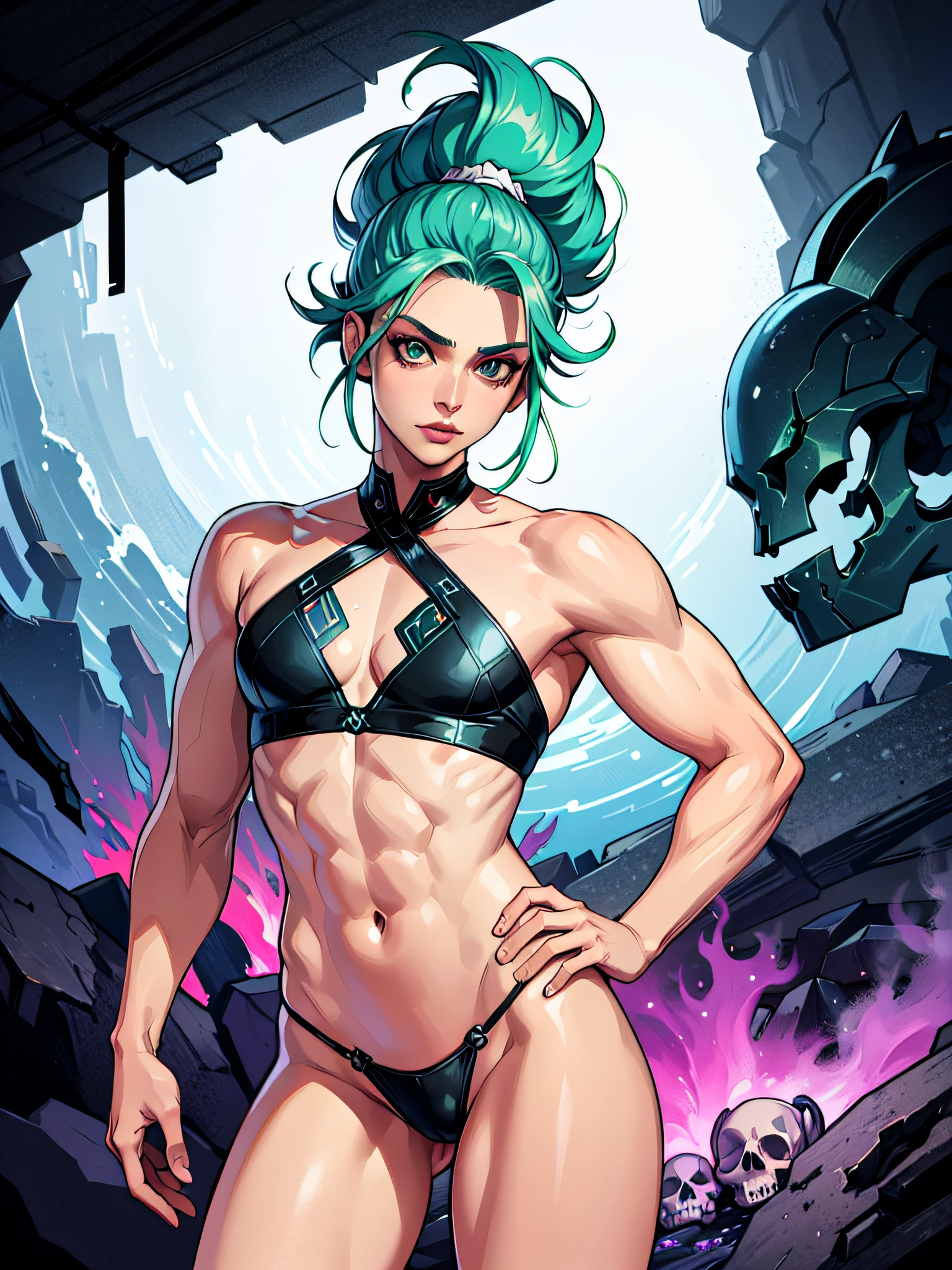 (masterpiece, best quality), man, wearing micro thong ((black micro-thong:skull_pattern_design_thong)) , bio-luminescent_water_world, wide angle, athletic body, male, shinny_skin, flat chest, silver eyes, green hair styled in spikes, determined expression, small waist, broad chest, big mane, muscular , illustration, watercolor ink sketch, ((extremely detailed, extremely detailed legs, extremely detailed arms, extremely detailed face, perfectly detailed eyes, perfectly detailed anatomy))