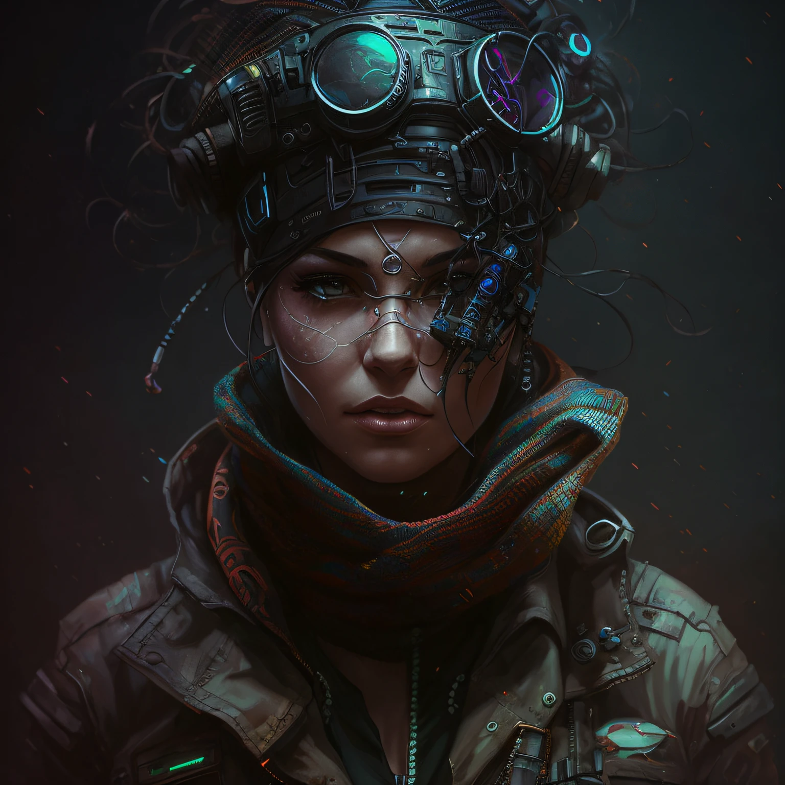 There is a woman with a steamer - fed hat and a scarf, Wojtek FUS, retrato cyberpunk, O retrato da menina cyberpunk, pintura digital cyberpunk, Retrato CGSetivity, arte do personagem cyberpunk, advanced digital cyberpunk art, dark cyberpunk illustration, cyberpunk themed art, Judy Alvarez cyberpunk, Epic Sci - Arte do Personagem de Fi:, Epic Sci-Fi Character Art, arte de fantasia sombria cyberpunk