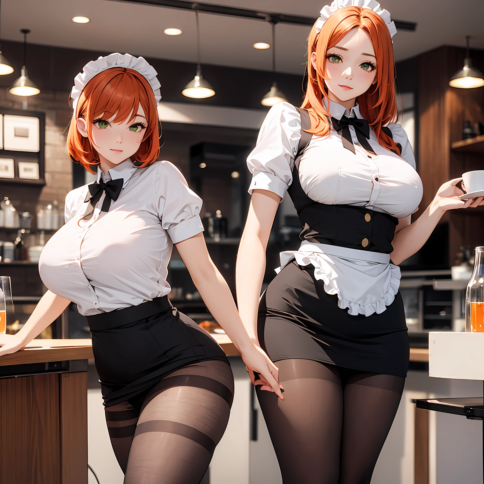 /draw ai_generated curvy_body curvy_female curvy_figure The average cup size female_only huge_breasts looking_at_viewer +maid solo_female solo_focus stable_diffusion waitress orange_hair green_eyes lifts the skirt showing black panties legs in pantyhose --auto