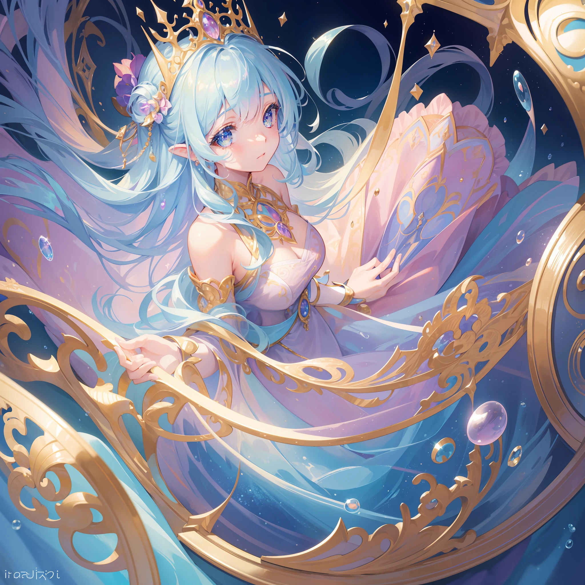 masterpiece, best quality, 8k resolution, sharp focus, intricate detail, beautiful girl, sparkling eyes, golden ratio face, otherworldly liquid, watercolor, pastel colors, bright colors, whimsical, colorful, sharp focus, high resolution, fine detail, princess fantasy flowing ballgown, ((round eyes)), iridescent bubbles, castle landscape in background