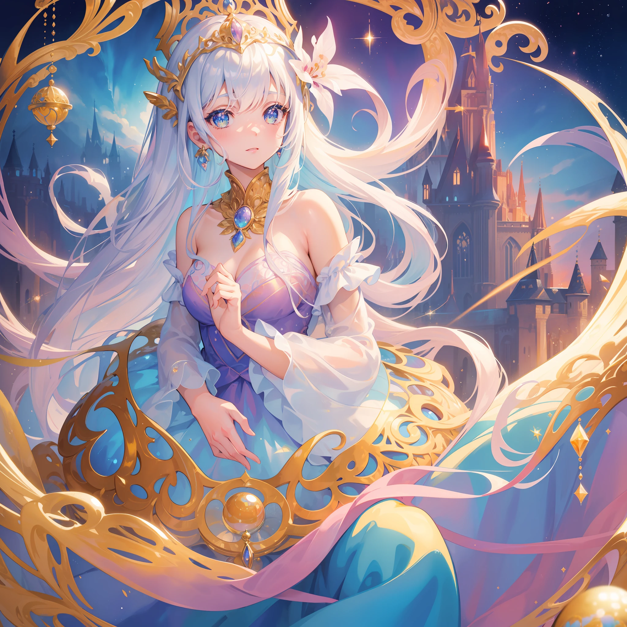 masterpiece, best quality, 8k resolution, sharp focus, intricate detail, beautiful girl, sparkling eyes, golden ratio face, otherworldly liquid, watercolor, pastel colors, bright colors, whimsical, colorful, sharp focus, high resolution, fine detail, princess fantasy flowing ballgown, ((round eyes)), iridescent bubbles, castle landscape in background