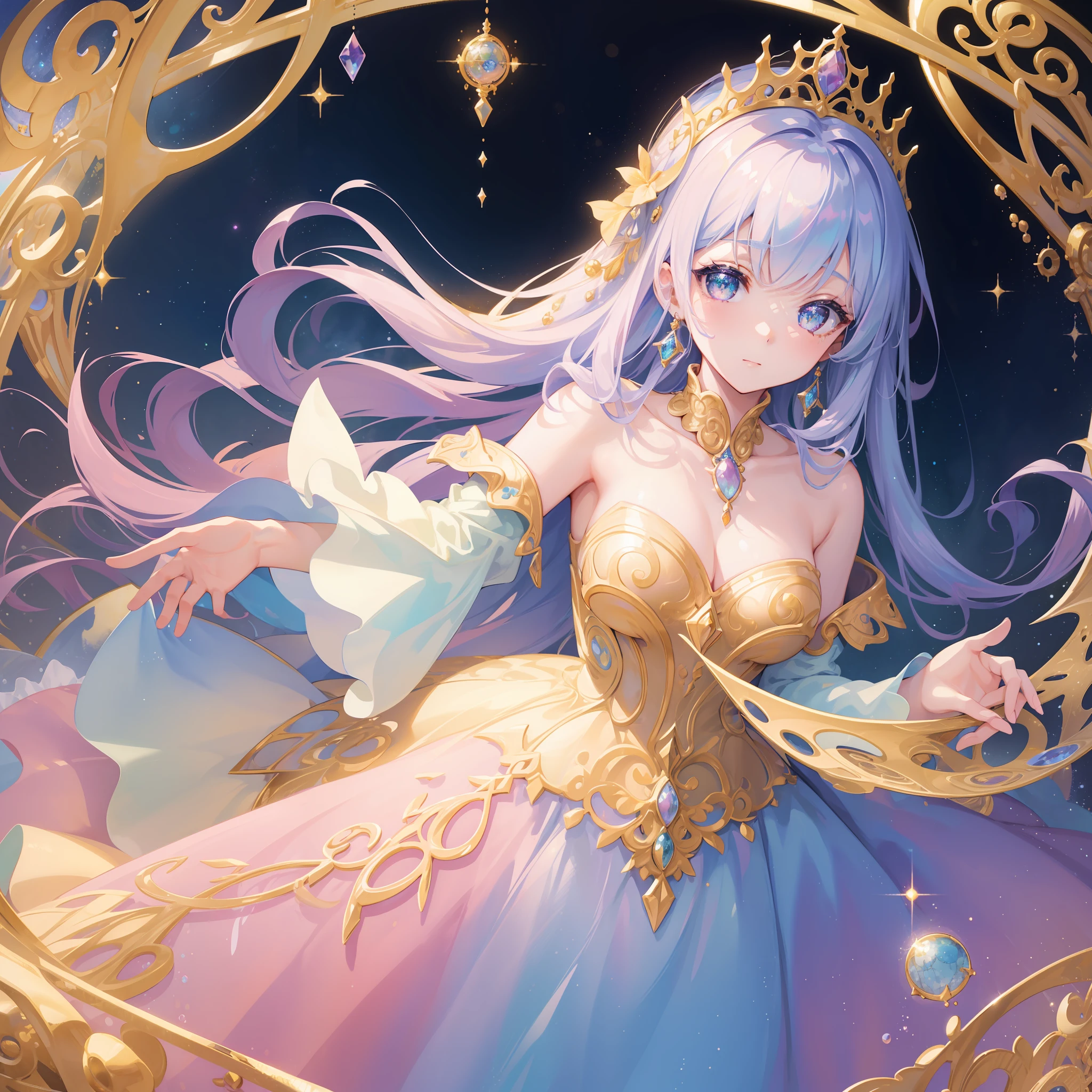 masterpiece, best quality, 8k resolution, sharp focus, intricate detail, beautiful girl, sparkling eyes, golden ratio face, otherworldly liquid, watercolor, pastel colors, bright colors, whimsical, colorful, sharp focus, high resolution, fine detail, princess fantasy flowing ballgown, ((round eyes)), iridescent bubbles, castle landscape in background