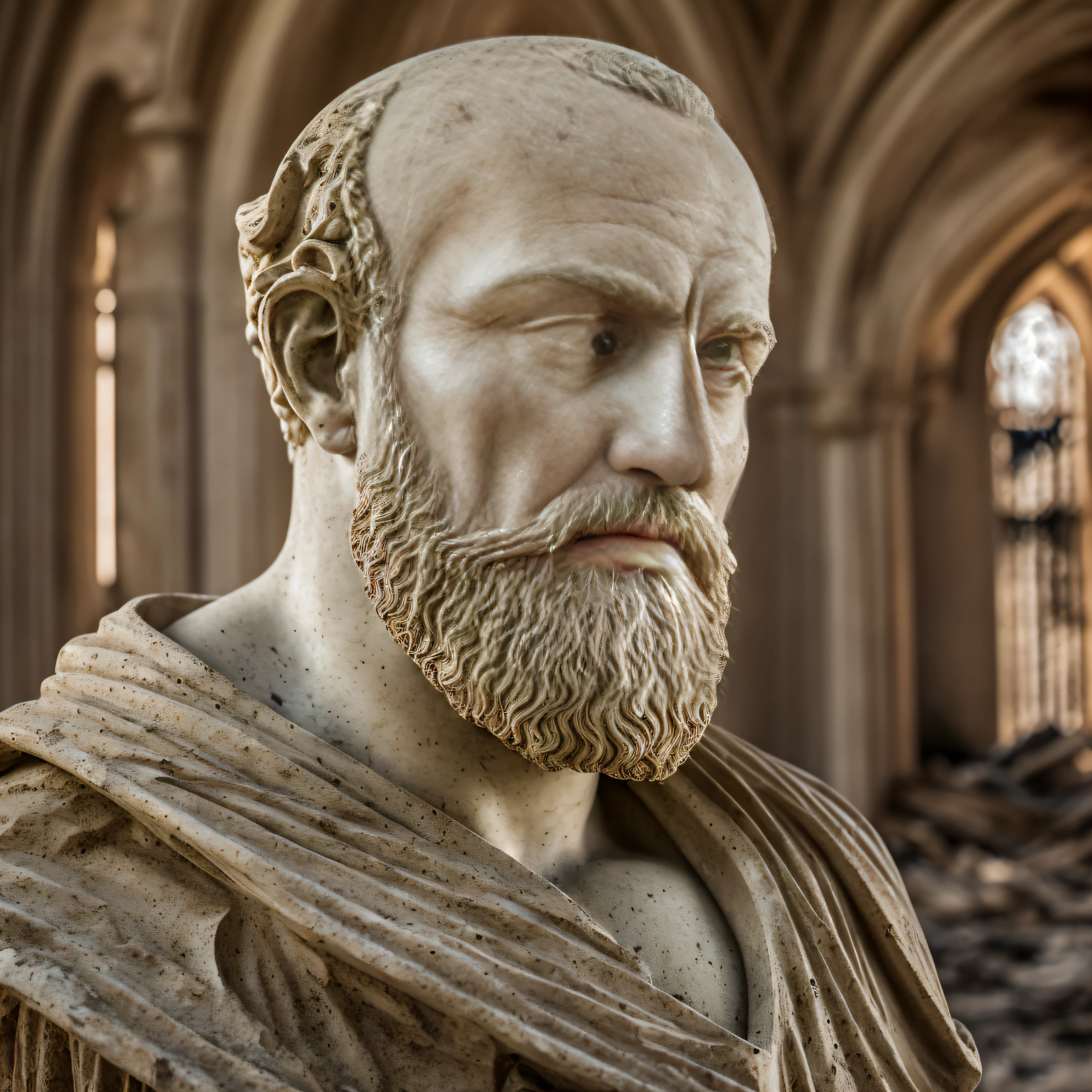 marble sculpture of the face of a Greek god ((bearded and bald)) in a destroyed place, cinematography, epic light and shadow, lots of contrast, professional photography