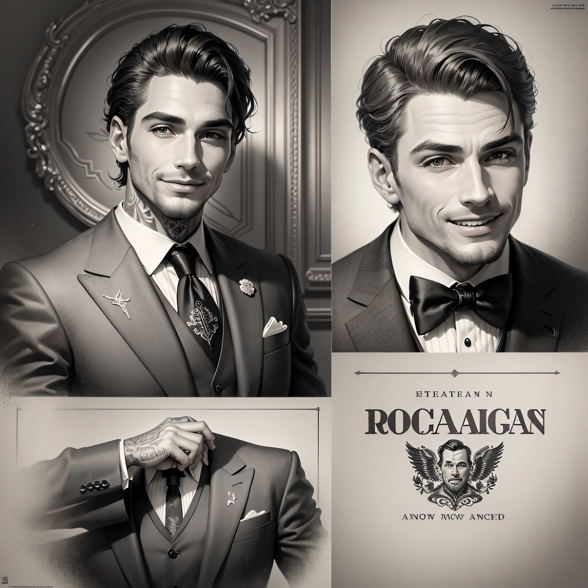 Vintage advertising, black and white, man in elegant gray suit, classic, elegant, with tattooed neck, a cross tattooed on the face from the left side to under the eye, laughing, classic ad, vintage art, illustration, upper body perspective