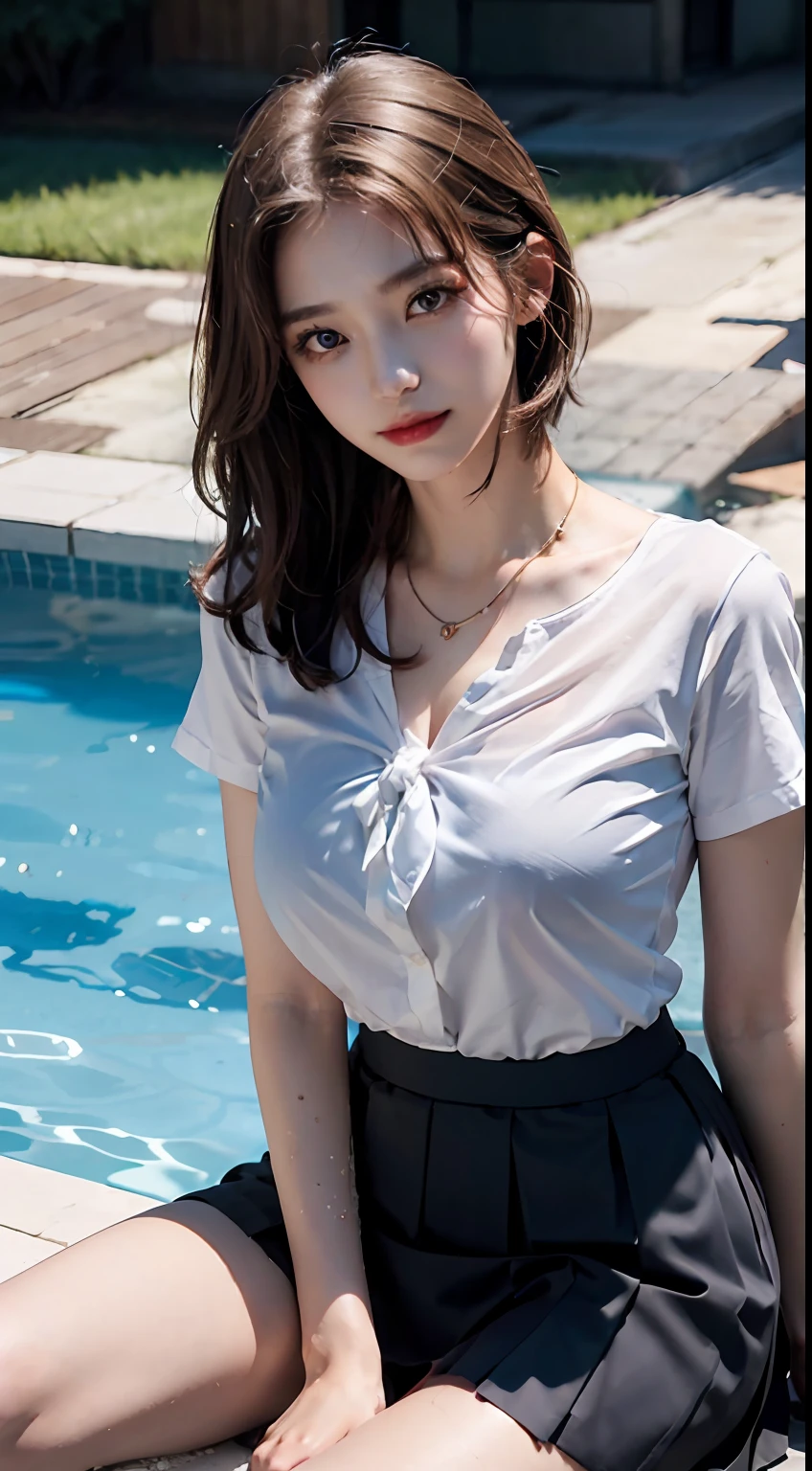 ((top-quality、8K、​masterpiece:1.3))、Crisp focus:1.2、Beautiful woman with perfect body shape:1.4、Slender Abs:1.2、((Colossal tits:1.2))、(Wet white button-up long shirt:1.1)、(Sunny、in poolside:1.2)、a wet body:1.5、Highly detailed facial and skin texture、A detailed eye、二重まぶた、Pleated skirt、White blouses、Female School Uniform、The shirt、Ribbon tie、pleatedskirt、Schools、8K raw photos、hight resolution、19-year-old Korean、very large round breasts、beautiful eyes finely detailed、long eyeslashes、Beautiful double eyelids、eyeshadows、eye line、Slender eyes、elongated eye shape、Sanpaku eyes、Dark Eye Makeup、evil smile、Beautiful and thin legs、Random Shorthair、Tie your hair behind your head、耳Nipple Ring、a necklace、light brown hair、crouching down、Kamimei、Angle from above、valley