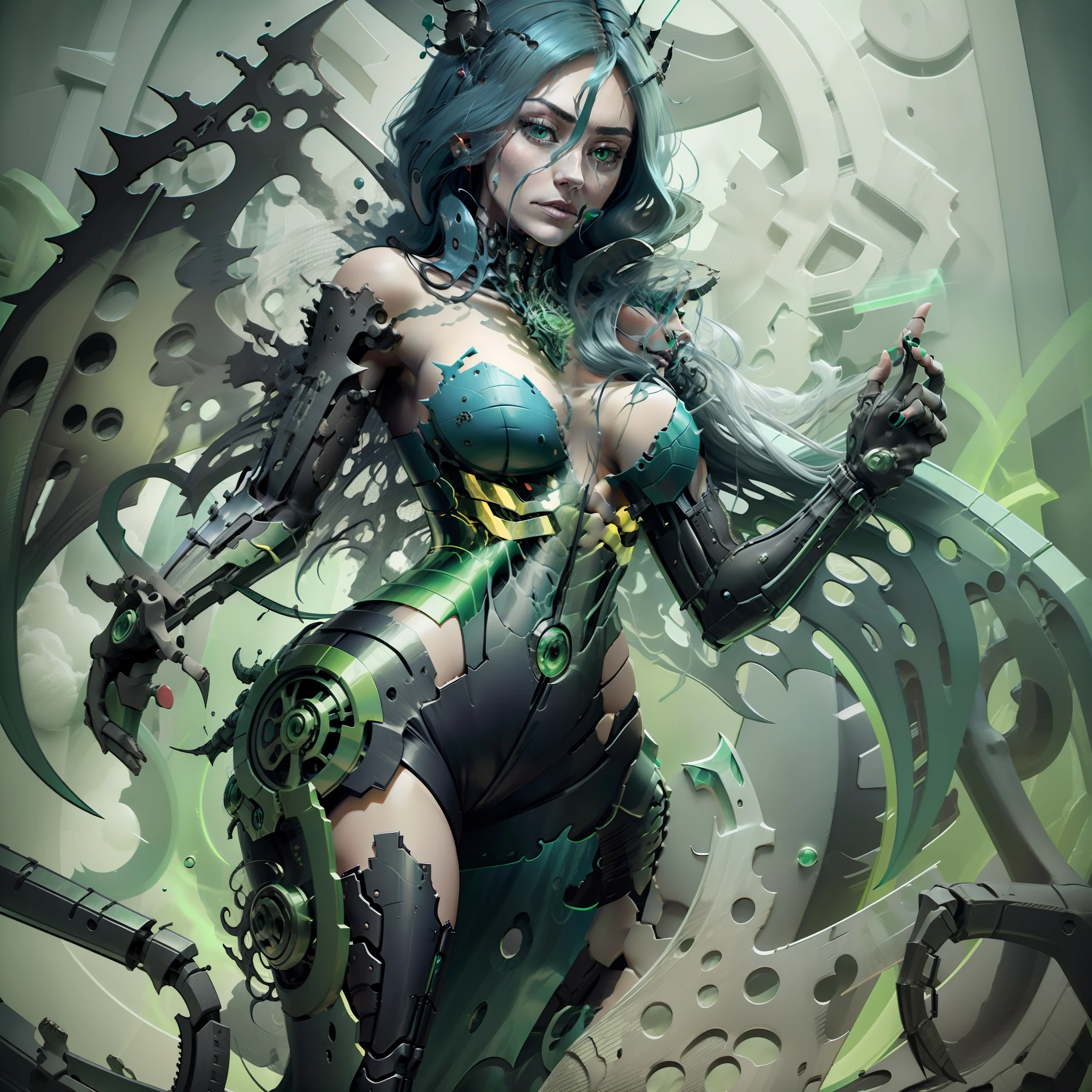 Queen Chrysalis, Queen Chrysalis "My little pony", Queen Chrysalis as a girl, Bioorganism, not human, Mechanical parts, straight hair, exuberant hair, hairlong, Black hair, Bionic body parts, Missing skin, Completely cyborg, Cybernetic organism, mechanical arms, Mechanical legs, green colored eyes, Sanctified Green Eyes, Black Swimmer, Large mechanical wings, Wings made of metal, mutilated wings, full length, full - body, A highly detailed, Качество Ultra 8K, Broken parts, Holes in mechanisms, not a living organism, Runes and Green Magic, Lots of green, Green backlight, Magic Earrings, lots of magic, A gloomy world, In a gloomy castle, Green Laser Weapons