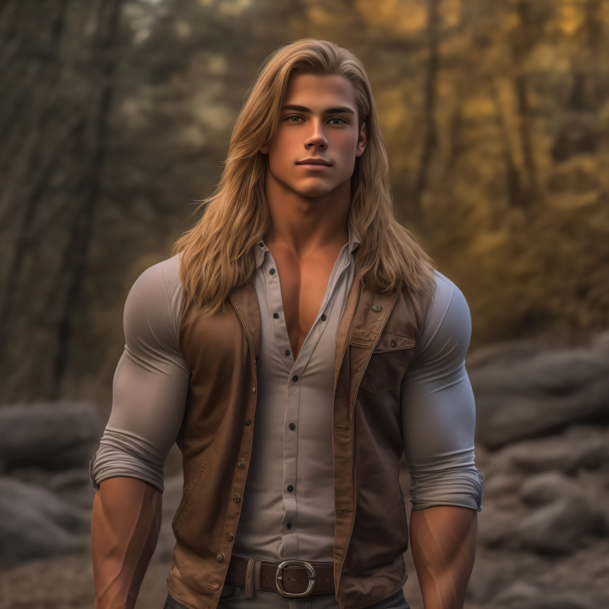An 18-year-old boy bodybuilder, embodying the perfect fusion of Joey Lawrence and Cody Calafiore with long hair, exuding an aura of strength and confidence. Enhanced with HDR technology, this image depicts a true masterpiece, 4K resolution, flawless anatomy, frontiersman, Daniel Boone