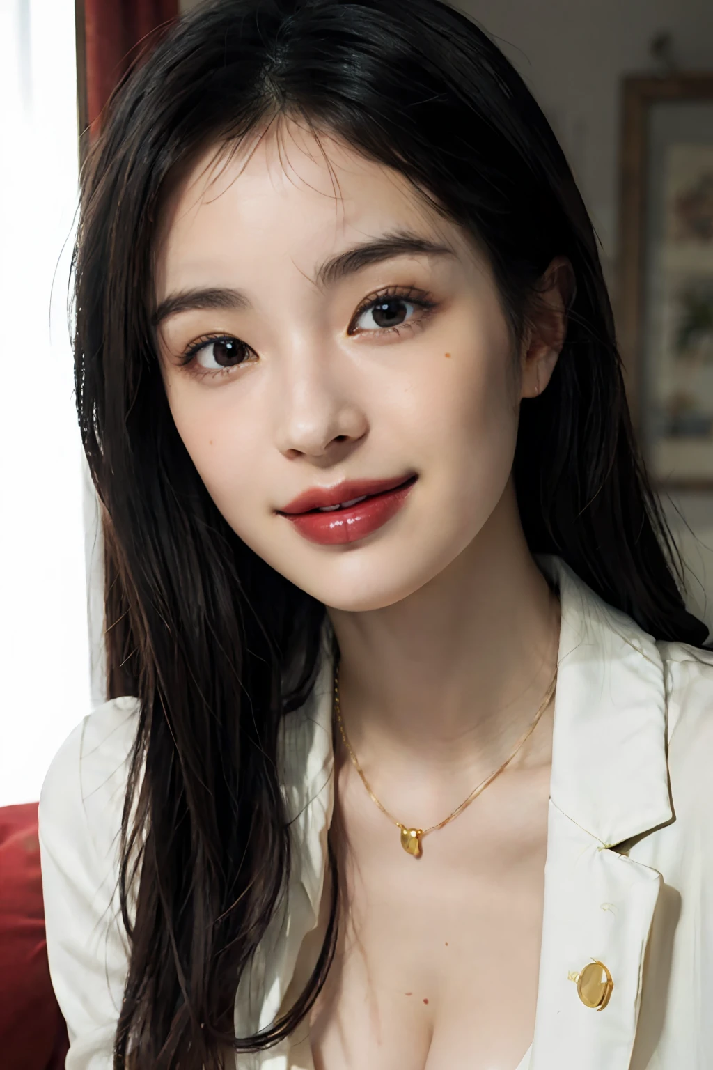 ​masterpiece、top-quality、realisitic、(A hyper-realistic), (illustratio), (hight resolution), (8K), (ighly detailed), (The best illustrations), (beatiful detailed eyes), (top-quality), (ultra-detailliert), (​masterpiece), (wall-paper), (详细的脸), a bed、Upper body close-up,Armpit, A smile,Plump,独奏,（Wearing a silk plunged open shirt:1.5）, full of sweat, japanes, large full breasts, (camel's toe)、huge-breasted、Luxury living room、Detailed white teeth、ultimate beauty girl、No bra、（Thick necklace of gold）、perfect teeth、Brown hair、Light makeup、Navel、