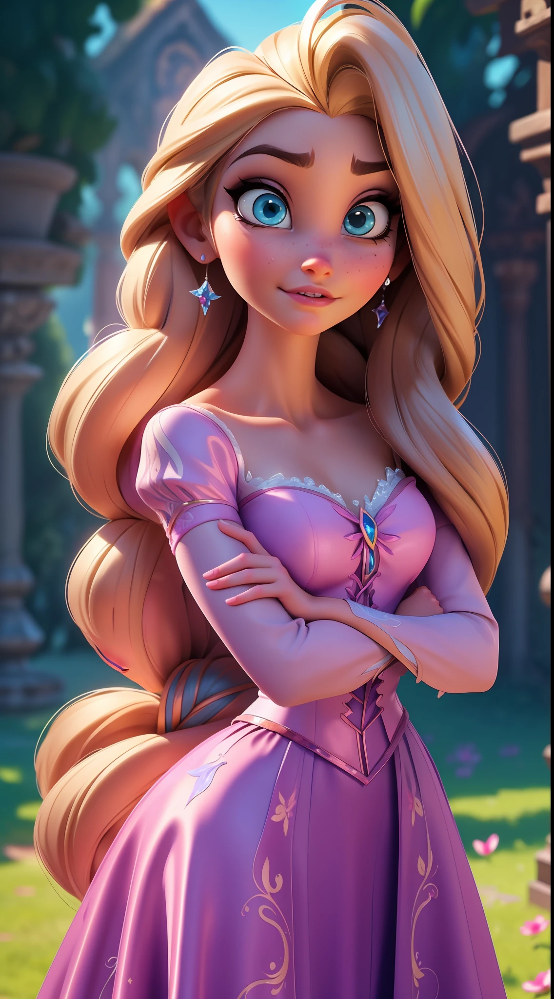 Elsa-Rapunzel Fusion, Mesclando modelos, Roupas da Rapunzel, melting, 1girl, Beautiful, character, Woman, female, (master part:1.2), (melhor qualidade:1.2), (sozinho:1.2), ((pose de luta)), ((campo de batalha)), cinemactic, olhos perfeitos, pele perfeita, perfect lighting, sorrir, luz, cor, pele texturizada, detalhe, Beleza, maravilha, ultra-detalhado, rosto perfeito