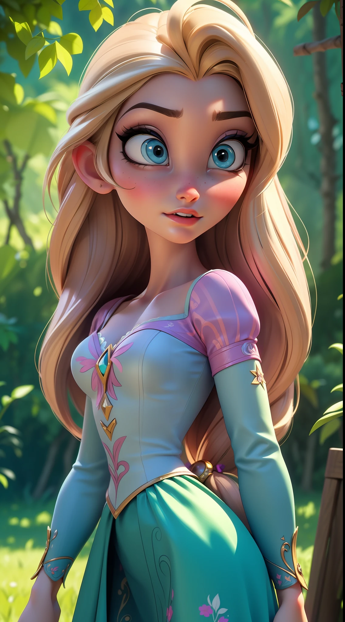 Elsa-Rapunzel Fusion, Mesclando modelos, Roupas da Rapunzel, melting, 1girl, Beautiful, character, Woman, female, (master part:1.2), (melhor qualidade:1.2), (sozinho:1.2), ((pose de luta)), ((campo de batalha)), cinemactic, olhos perfeitos, pele perfeita, perfect lighting, sorrir, luz, cor, pele texturizada, detalhe, Beleza, maravilha, ultra-detalhado, rosto perfeito