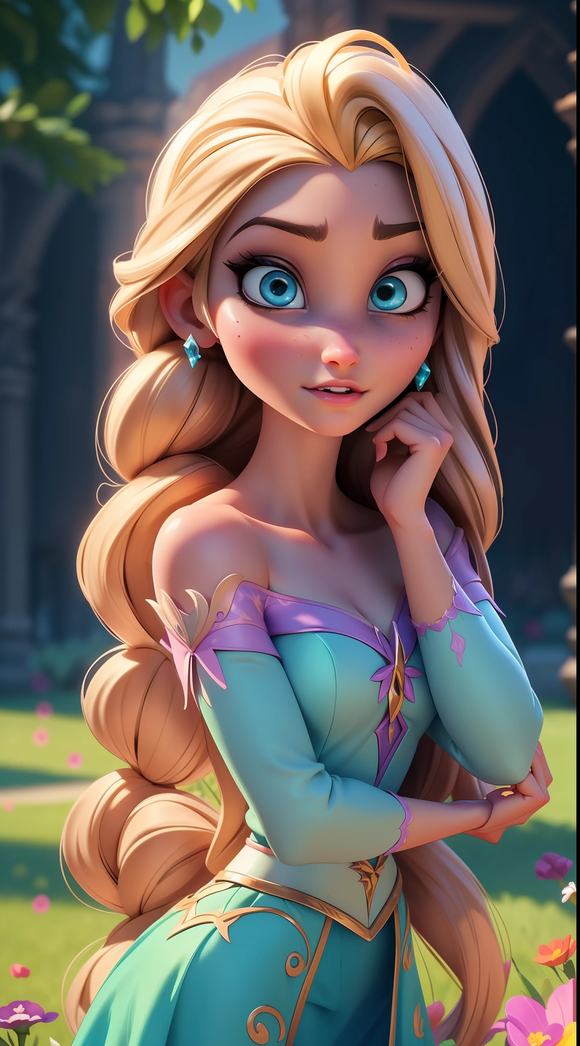 Elsa-Rapunzel Fusion, Mesclando modelos, Roupas da Rapunzel, melting, 1girl, Beautiful, character, Woman, female, (master part:1.2), (melhor qualidade:1.2), (sozinho:1.2), ((pose de luta)), ((campo de batalha)), cinemactic, olhos perfeitos, pele perfeita, perfect lighting, sorrir, luz, cor, pele texturizada, detalhe, Beleza, maravilha, ultra-detalhado, rosto perfeito