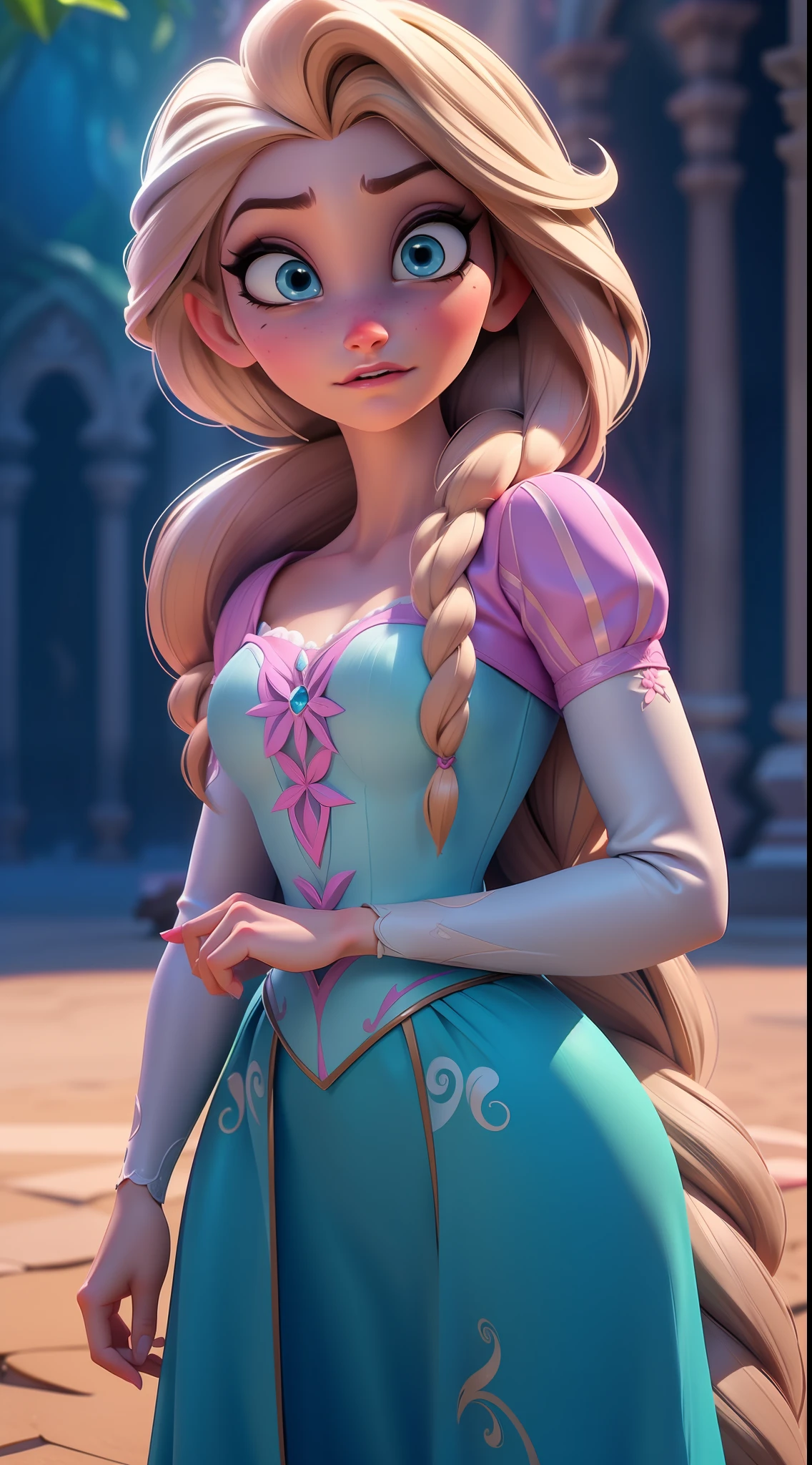 Elsa-Rapunzel Fusion, Mesclando modelos, Roupas da Rapunzel, melting, 1girl, Beautiful, character, Woman, female, (master part:1.2), (melhor qualidade:1.2), (sozinho:1.2), ((pose de luta)), ((campo de batalha)), cinemactic, olhos perfeitos, pele perfeita, perfect lighting, sorrir, luz, cor, pele texturizada, detalhe, Beleza, maravilha, ultra-detalhado, rosto perfeito