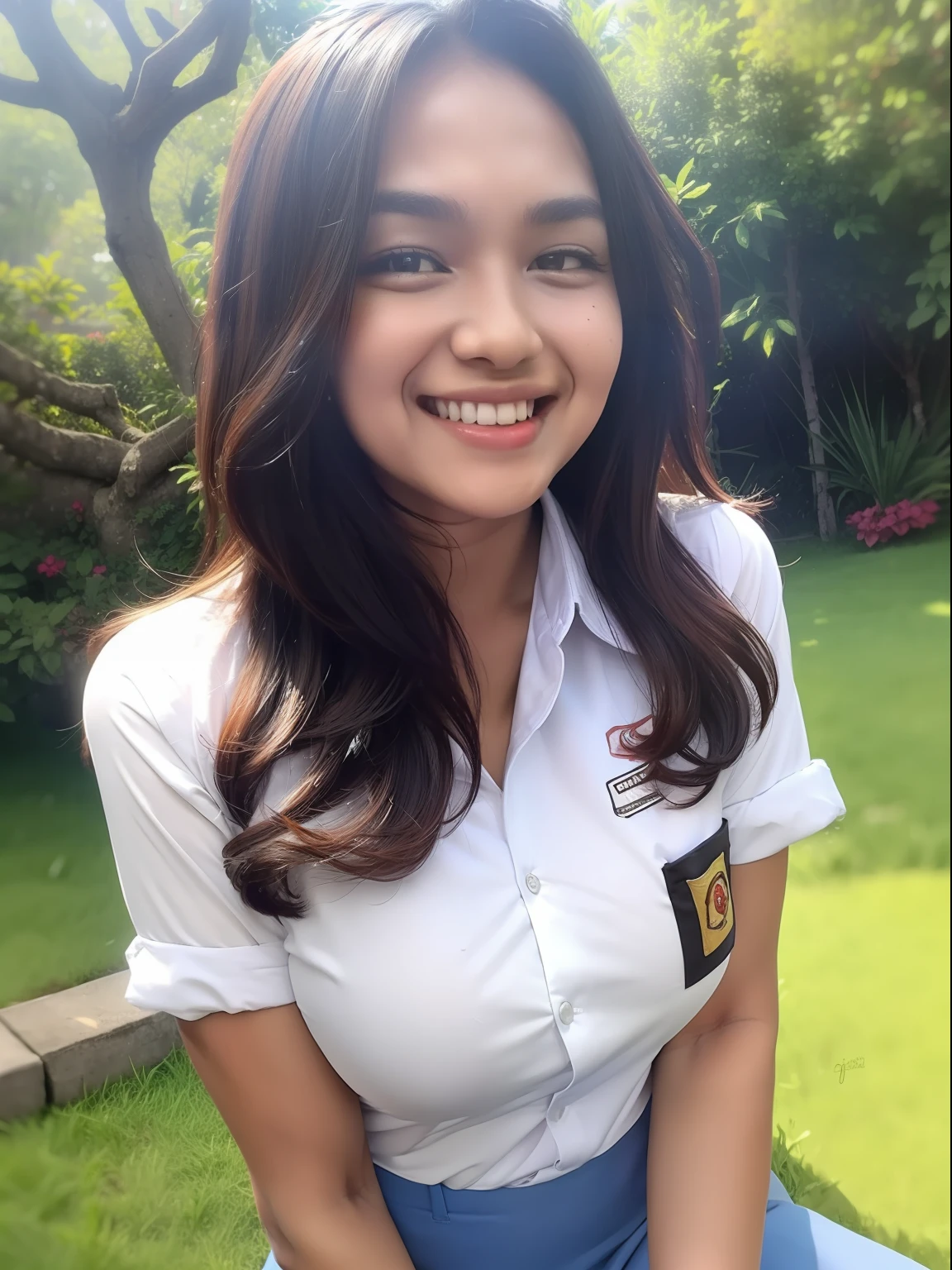 1girl, (Indonesian_high_school), outdoors, detailed face, detailed eyes, huge breasts, shiny skin, looking at the audience, (laughing cute: 1.2), (happy), (8k, RAW photo, best quality, masterpiece: 1.2), (realistic, realistic: 1.37), ultra-high resolution