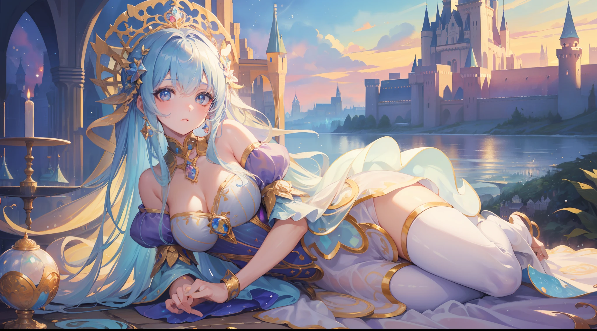 masterpiece, best quality, 8k resolution, sharp focus, intricate detail, beautiful girl, sparkling eyes, golden ratio face, otherworldly liquid, watercolor, pastel colors, bright colors, whimsical, colorful, sharp focus, high resolution, fine detail, princess ballgown, ((round eyes)), iridescent bubbles, ((castle in background))