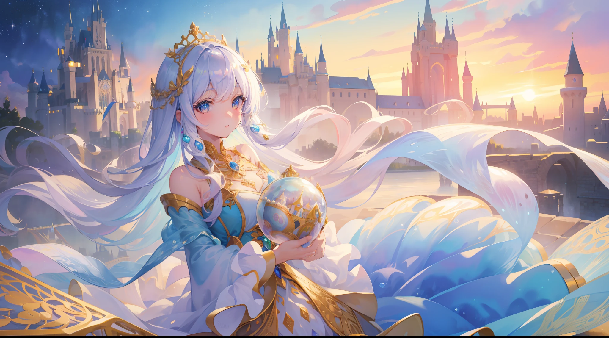 masterpiece, best quality, 8k resolution, sharp focus, intricate detail, beautiful girl, sparkling eyes, golden ratio face, otherworldly liquid, watercolor, pastel colors, bright colors, whimsical, colorful, sharp focus, high resolution, fine detail, princess ballgown, ((round eyes)), iridescent bubbles, ((castle in background))