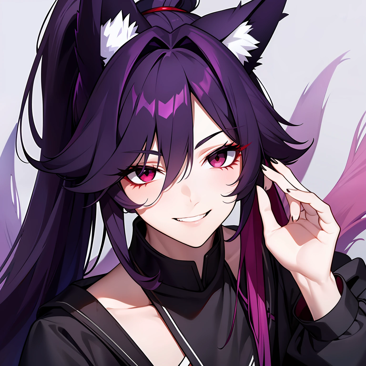 Young guy, pretty facial features, long dark purple hair, half gathered in messy ponytail, half loose, dangerous bright red eyes, black fit clothes with many jewels, fox ears and tail, mad smile