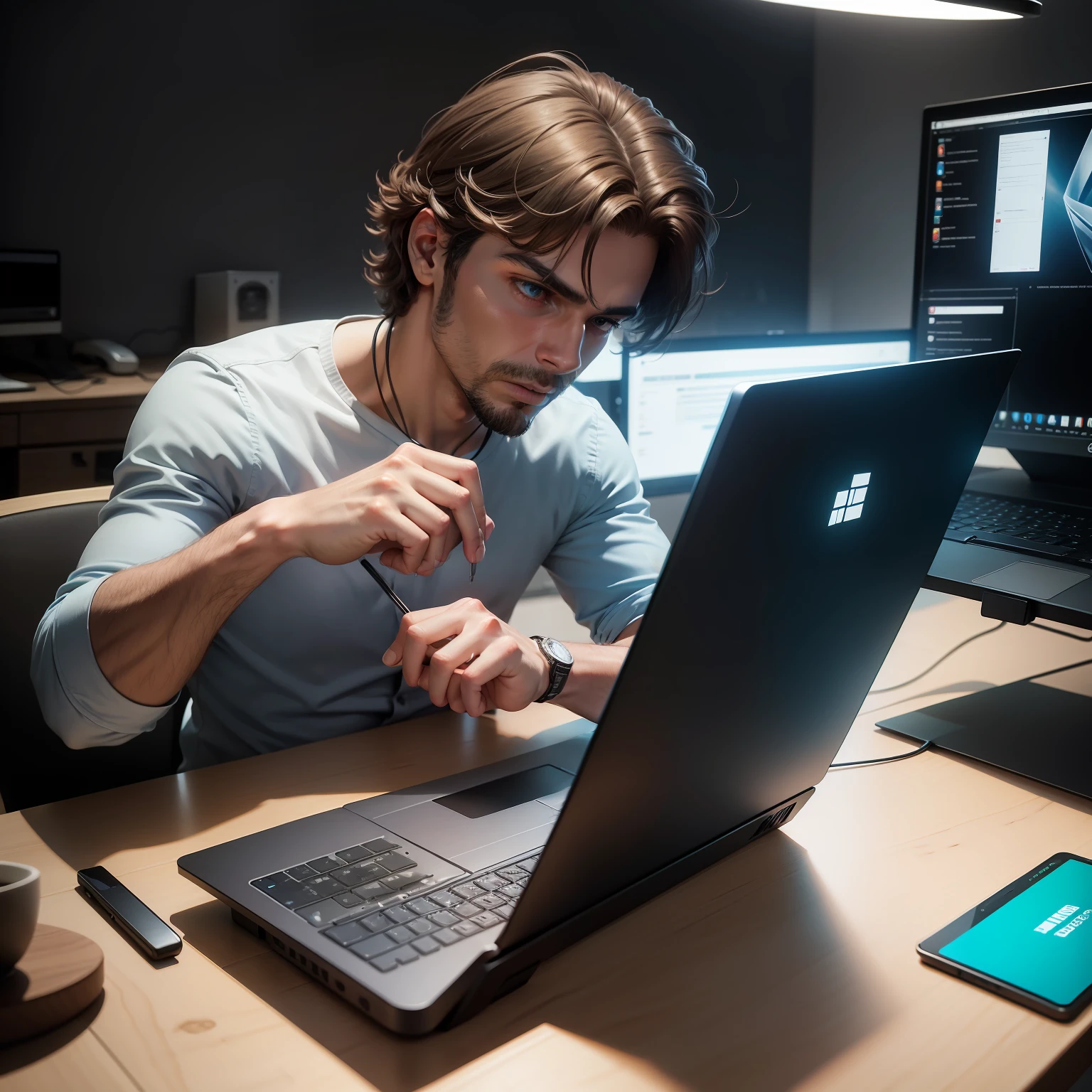 Homem centando em cadeira em uma mesa na frete de um computador digitando e o dinheiro saindo da tela flutuando..