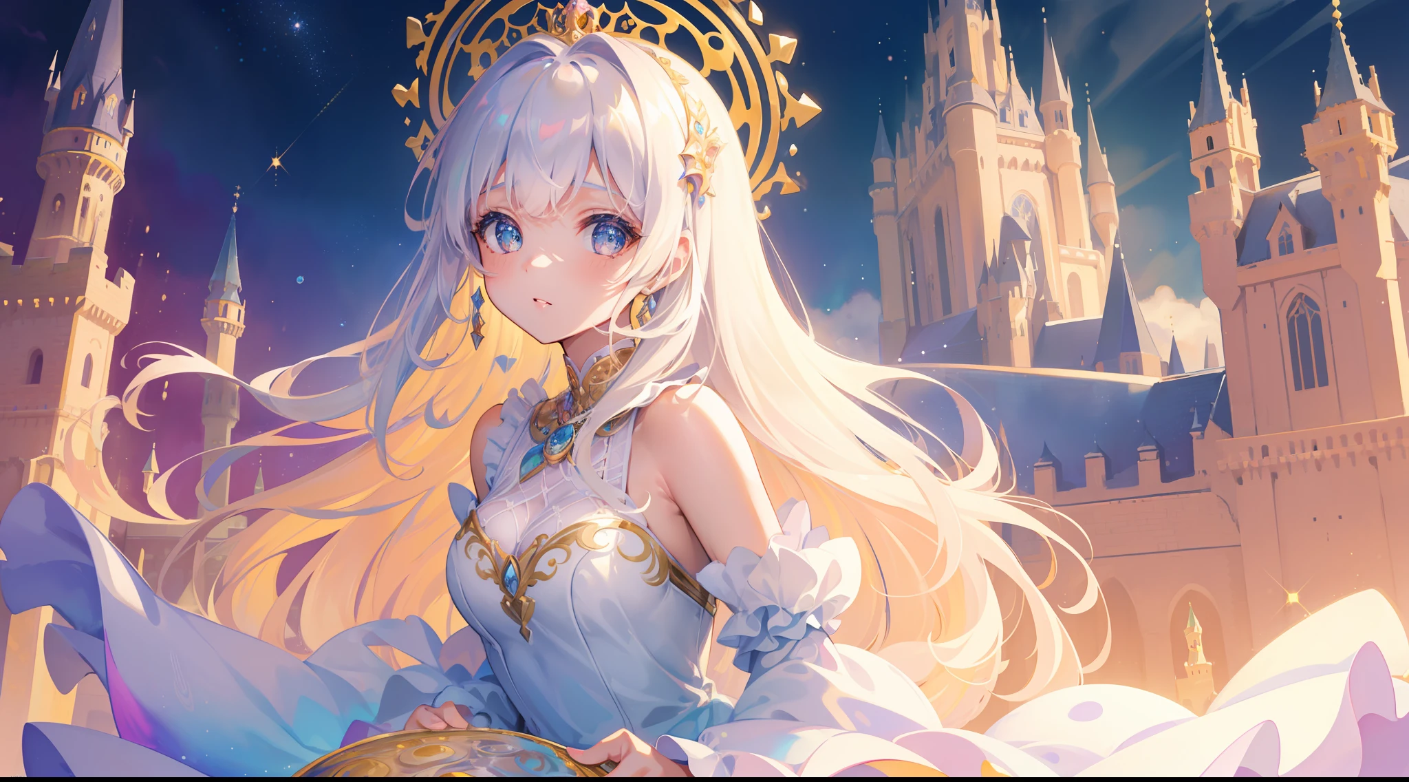 masterpiece, best quality, 8k resolution, sharp focus, intricate detail, beautiful girl, sparkling eyes, golden ratio face, otherworldly liquid, watercolor, pastel colors, bright colors, whimsical, colorful, sharp focus, high resolution, fine detail, princess ballgown, ((round eyes)), iridescent bubbles, ((castle in background))