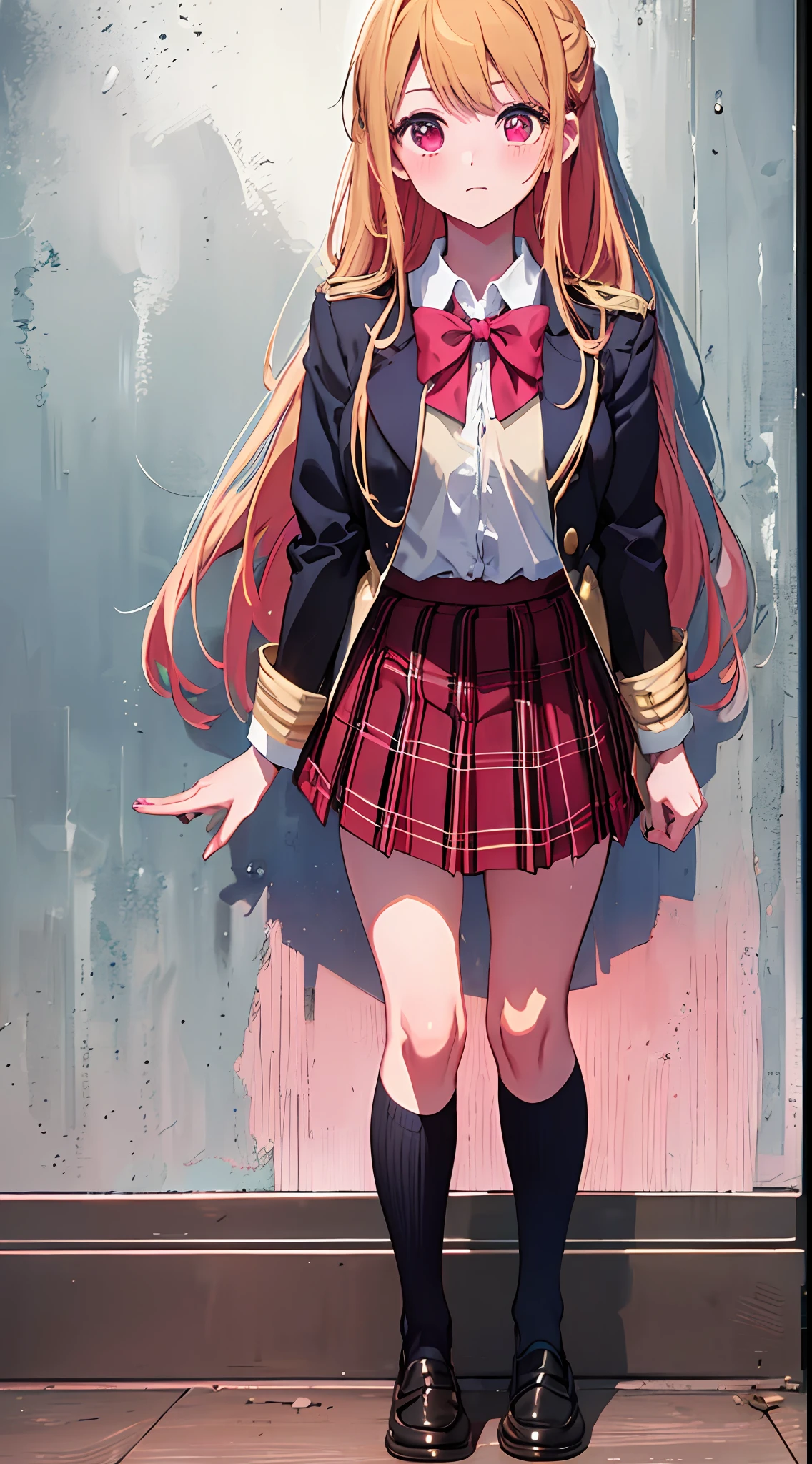 main girl is beautiful and cute, "neat and bright uniform coordination", full body, full body illustration, best illustration, elementary school student, realistic and elaborate uniform, high school uniform, ((highest quality)), ((masterpiece)), (detail: 1.4), anatomical, award-winning concept art, beautiful, fine details, portrait, look viewer, (full body view)), 1 girl, full body, solo, , elementary school student, child actor, golden-haired, blond, semi-long hair, red and pink eyes, large eyes, the pupil of the left eye is star-shaped, characteristic pupil of the left eye, the pupil of the left eye is clear, the pupil of the left eye is detailed, dark brown blazer, maroon sweater, checked long skirt, dark green and maroon skirt, black hyso, orange large ribbon, white blouse, underwear, panties, skirt, white panties, Wet, shirt, wet clothes, skirt lift, blush, classroom, navel,lift below chest, clothing lift, easy background, lifting clothes, uniform, Japan cute uniform, blazer, look away, short sleeve, loli, skinnlementary, loli, baby facete, young appearance, fantastic visual depiction, professional effect, beautiful girl, petite girl, sweaty transparent clothes, unevenness, absurdity, Heel up loafers, golden hair, red and pink eyes, the main girl is beautiful and cute