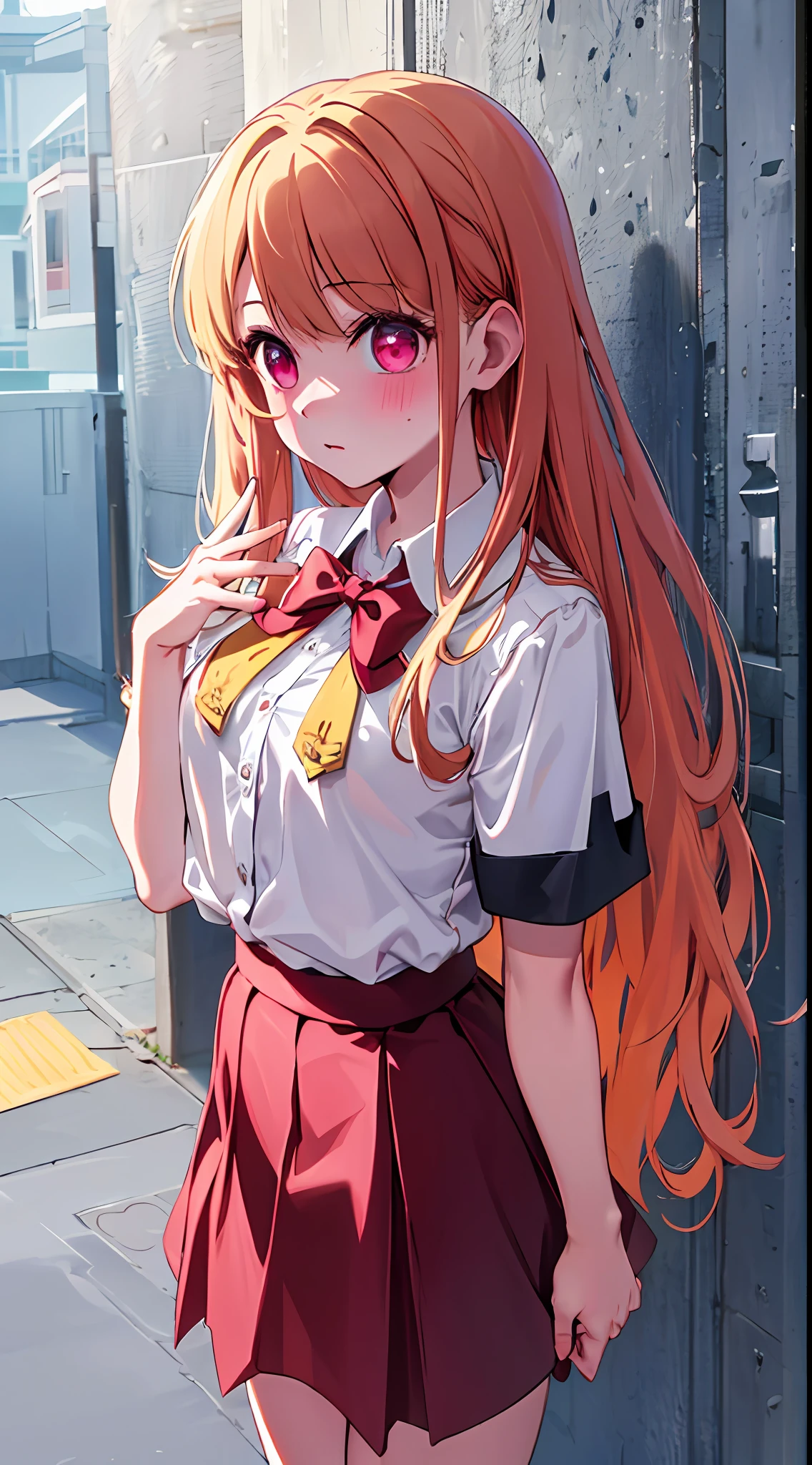 main girl is beautiful and cute, "neat and bright uniform coordination", full body, full body illustration, best illustration, elementary school student, realistic and elaborate uniform, high school uniform, ((highest quality)), ((masterpiece)), (detail: 1.4), anatomical, award-winning concept art, beautiful, fine details, portrait, look viewer, (full body view)), 1 girl, full body, solo, , elementary school student, child actor, golden-haired, blond, semi-long hair, red and pink eyes, large eyes, the pupil of the left eye is star-shaped, characteristic pupil of the left eye, the pupil of the left eye is clear, the pupil of the left eye is detailed, dark brown blazer, maroon sweater, checked long skirt, dark green and maroon skirt, black hyso, orange large ribbon, white blouse, underwear, panties, skirt, white panties, Wet, shirt, wet clothes, skirt lift, blush, classroom, navel,lift below chest, clothing lift, easy background, lifting clothes, uniform, Japan cute uniform, blazer, look away, short sleeve, loli, skinnlementary, loli, baby facete, young appearance, fantastic visual depiction, professional effect, beautiful girl, petite girl, sweaty transparent clothes, unevenness, absurdity, Heel up loafers, golden hair, red and pink eyes, the main girl is beautiful and cute