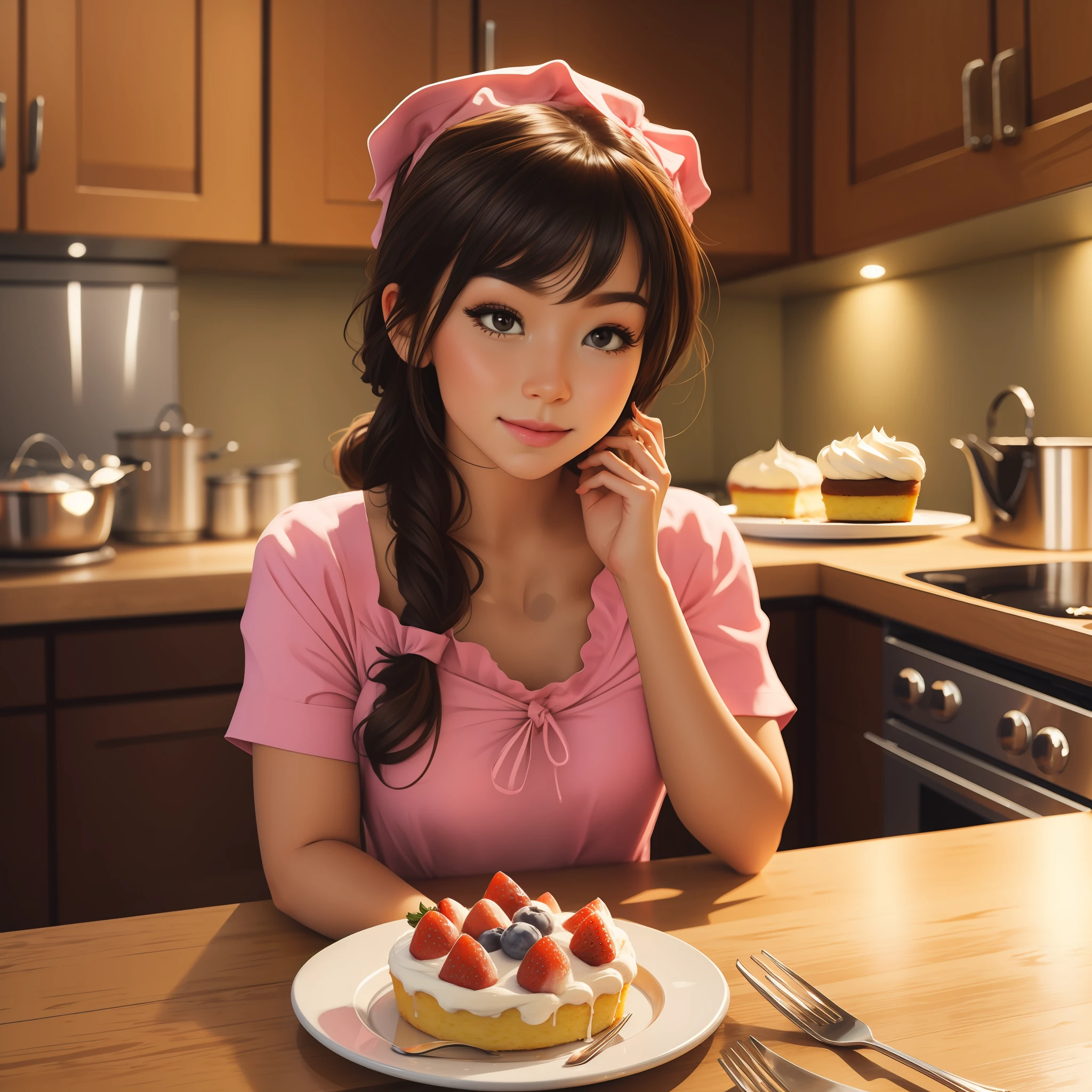 1girl, kitchen background, cake, pie, dessert, cupcake, sweet