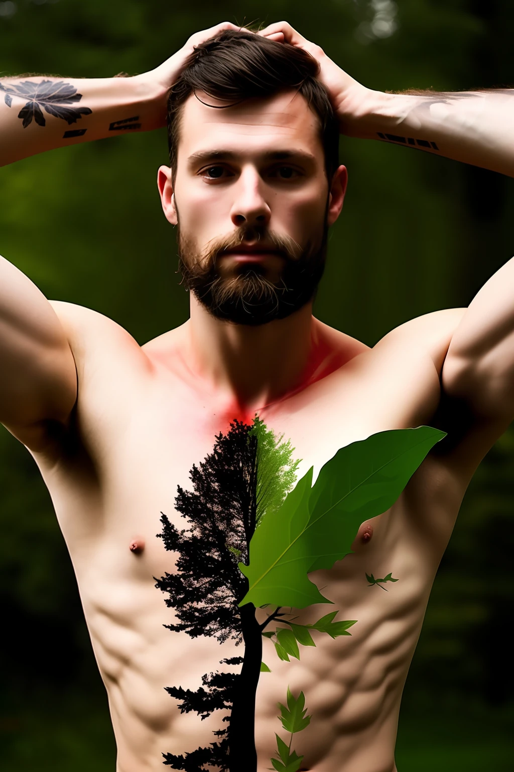 A man with tree leaves on his body