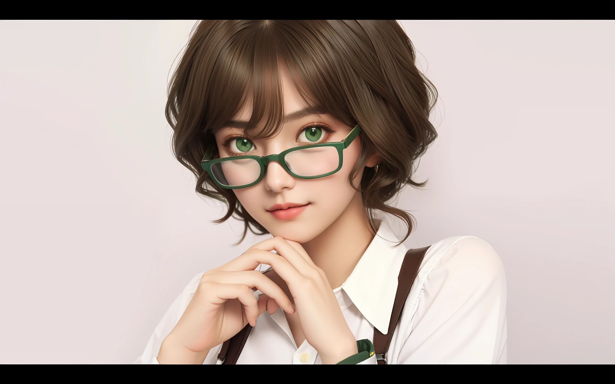 Girl posing for photo with glasses and coffee-colored suspenders, Green eyes，short wavy brown hair,