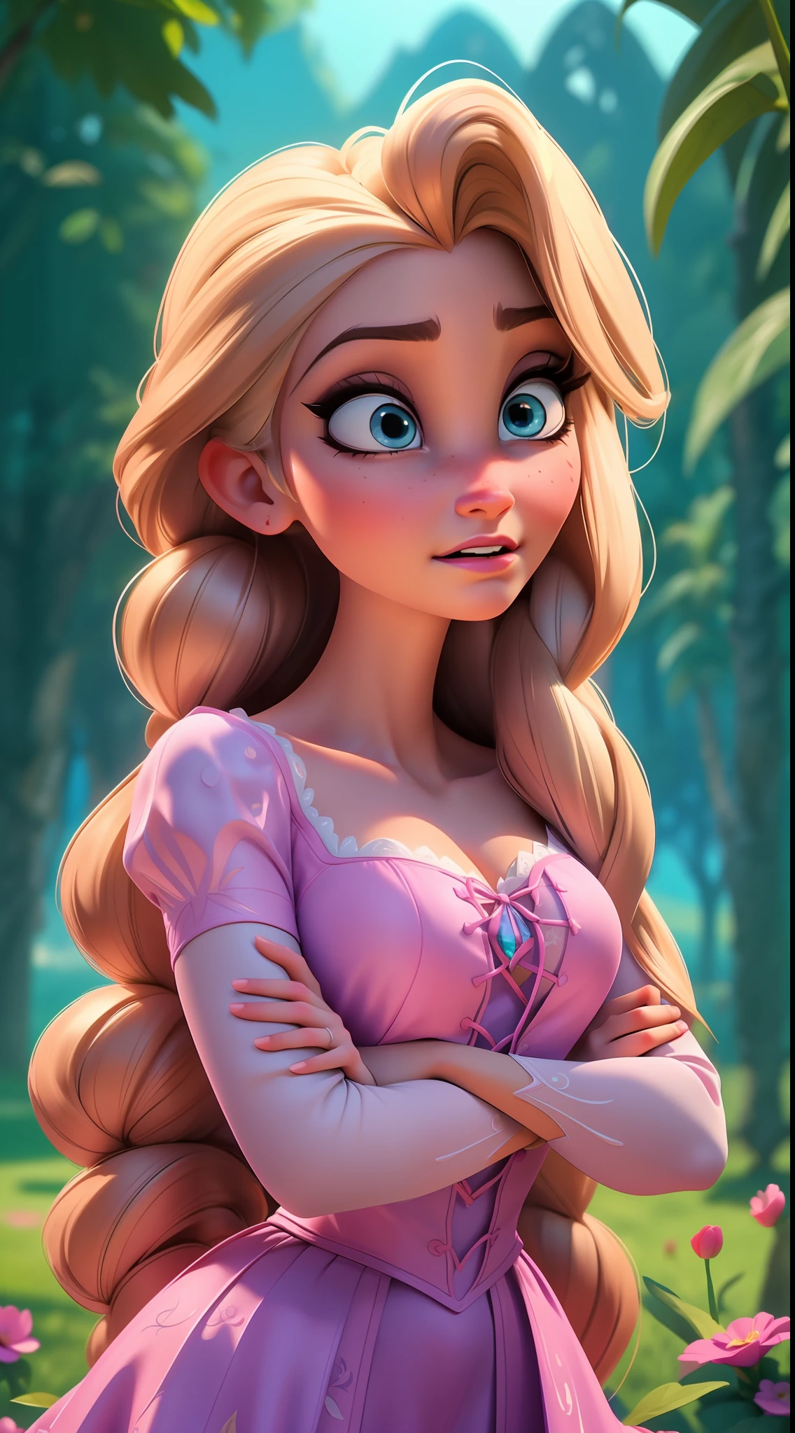 Elsa-Rapunzel Fusion, Mesclando modelos, Roupas da Rapunzel, melting, 1girl, Beautiful, character, Woman, female, (master part:1.2), (melhor qualidade:1.2), (sozinho:1.2), ((pose de luta)), ((campo de batalha)), cinemactic, olhos perfeitos, pele perfeita, perfect lighting, sorrir, luz, cor, pele texturizada, detalhe, Beleza, maravilha, ultra-detalhado, rosto perfeito