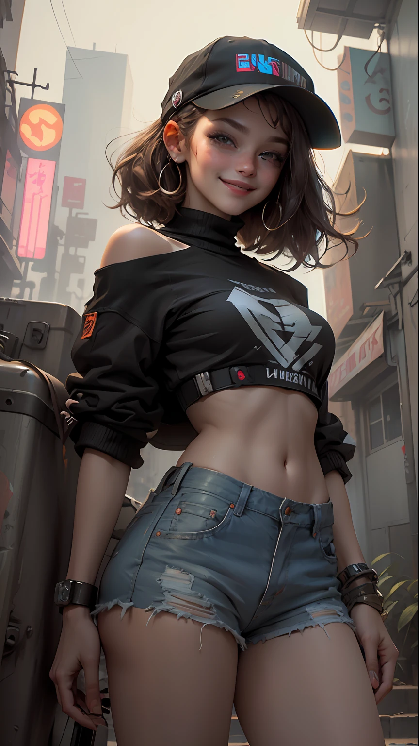portraite of a, Beautiful woman with medium hair (((Smiling))), in a cap, Short clothes in the style of cyberpunk