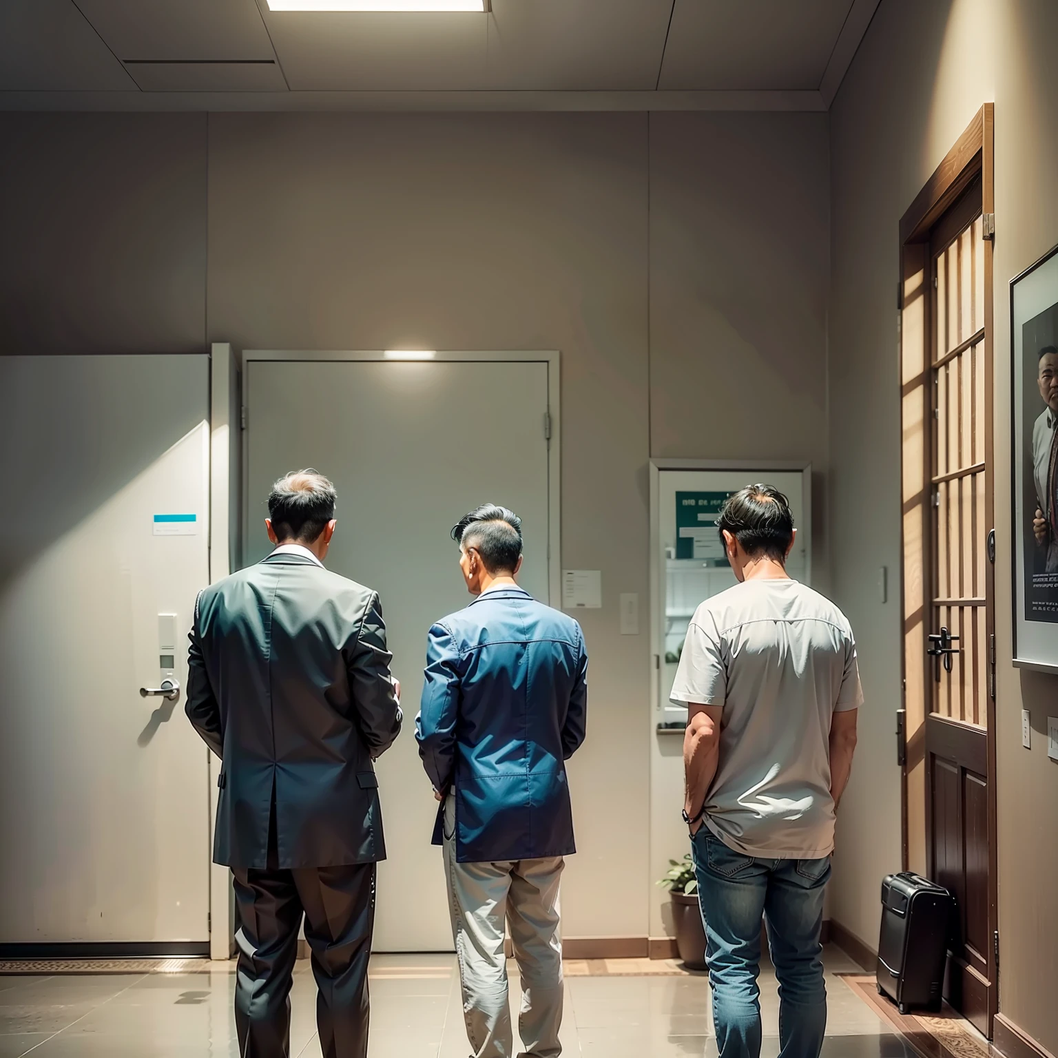 Several identical middle-aged Asian men standing at different spot in the room