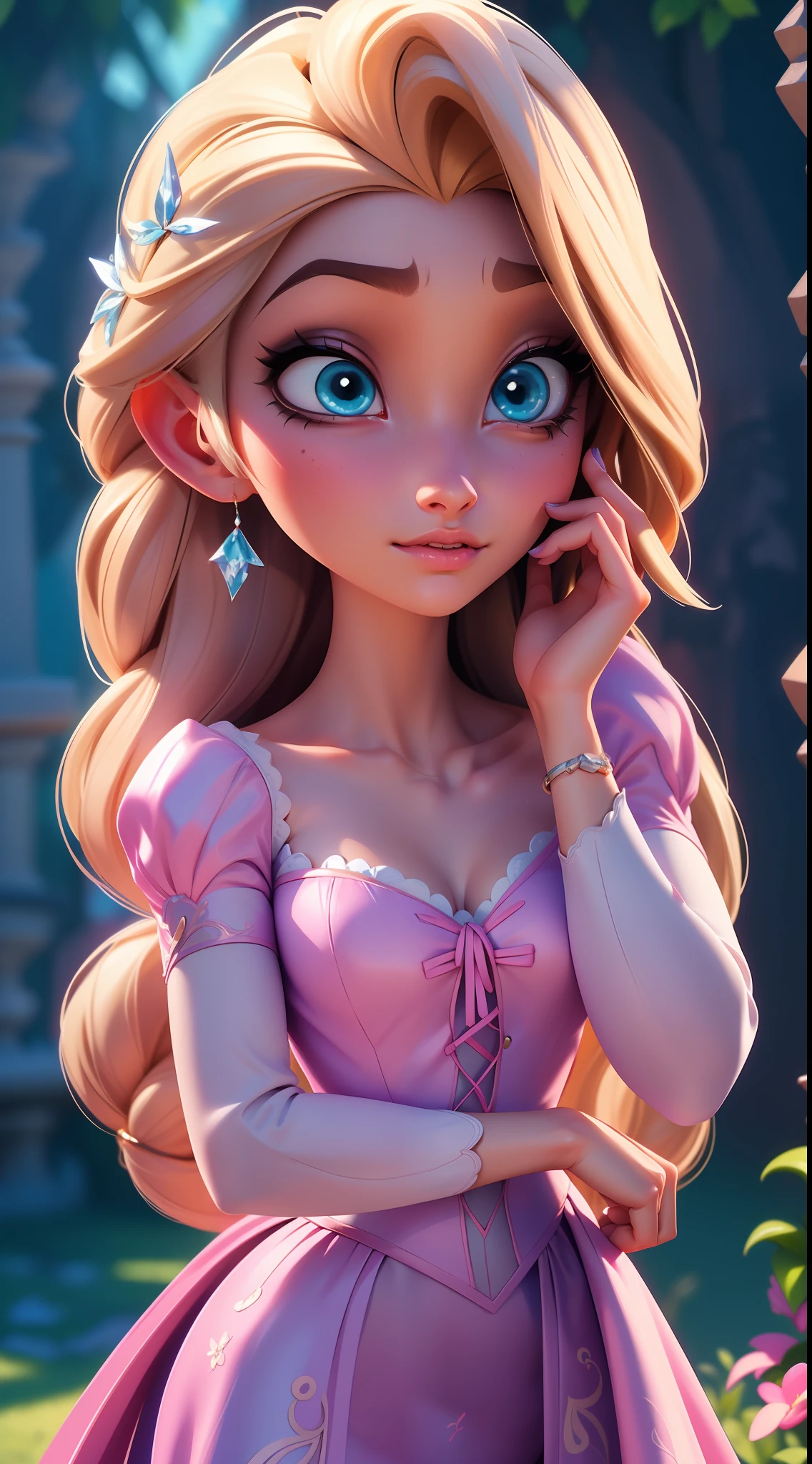 Elsa-Rapunzel Fusion, Mesclando modelos, Roupas da Rapunzel, melting, 1girl, Beautiful, character, Woman, female, (master part:1.2), (melhor qualidade:1.2), (sozinho:1.2), ((pose de luta)), ((campo de batalha)), cinemactic, olhos perfeitos, pele perfeita, perfect lighting, sorrir, luz, cor, pele texturizada, detalhe, Beleza, maravilha, ultra-detalhado, rosto perfeito