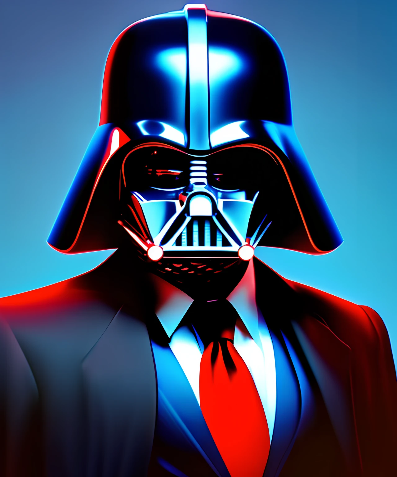 digital art, darth vader wearing a business suit, red tie, blue background, bright, highlights