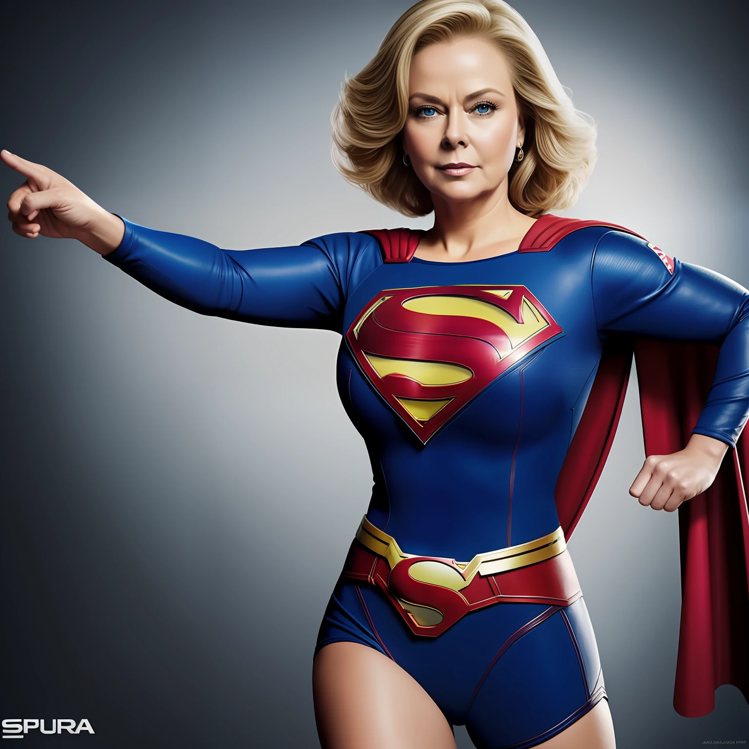 Jean Smart vestida como um super-girl com uma capa e blusa azul, colada no corpo, super foto realista, Superhero portrait, Supergirl filme de 1984, Cortpo sexy, retrato vfx altamente detalhado de, cabelos andulados, super fotorrealista |, Super-homem, Foto retrato, super-realista, Arte 4K, Retrato ultra realista