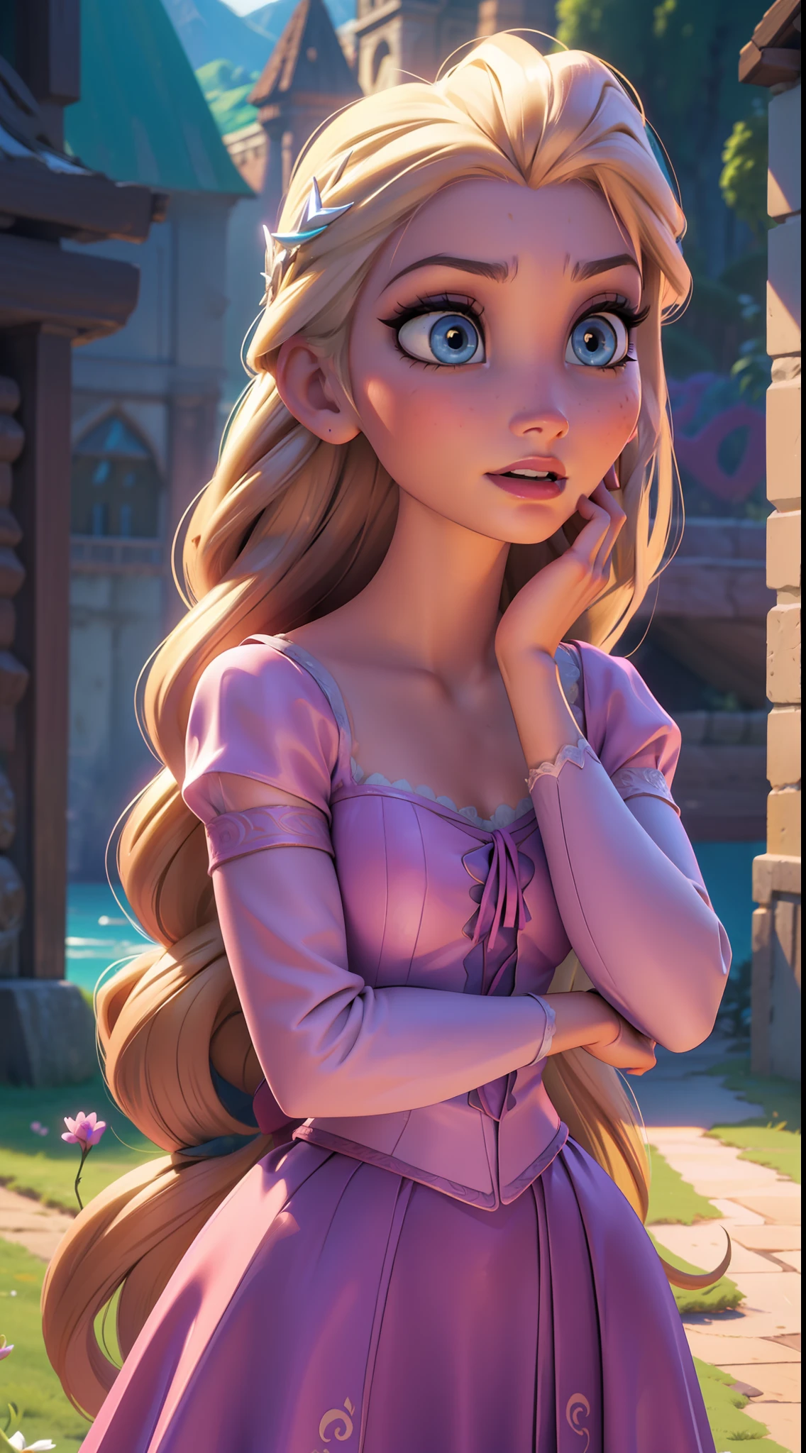 Elsa-Rapunzel Fusion, Mesclando modelos, Roupas da Rapunzel, melting, 1girl, Beautiful, Character, Woman, Female, (master part:1.2), (melhor qualidade:1.2), (Solo:1.2), ((pose de luta)), ((campo de batalha)), cinemactic, olhos perfeitos, pele perfeita, perfect lighting, sorrir, luz, cor, pele texturizada, detalhe, Beleza, maravilha, ultra-detalhado, rosto perfeito