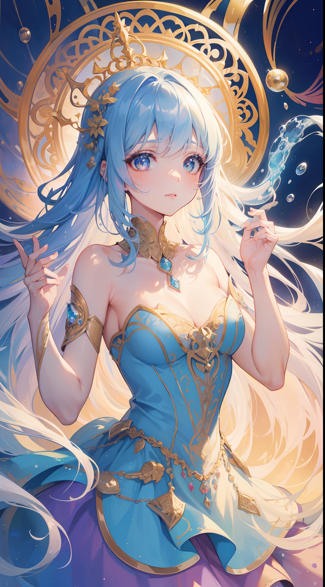 masterpiece, best quality, 8k resolution, sharp focus, intricate detail, beautiful girl, sparkling eyes, golden ratio face, otherworldly liquid, watercolor, pastel colors, bright colors, whimsical, colorful, sharp focus, high resolution, fine detail, princess fantasy flowing ballgown, ((round eyes)), iridescent bubbles