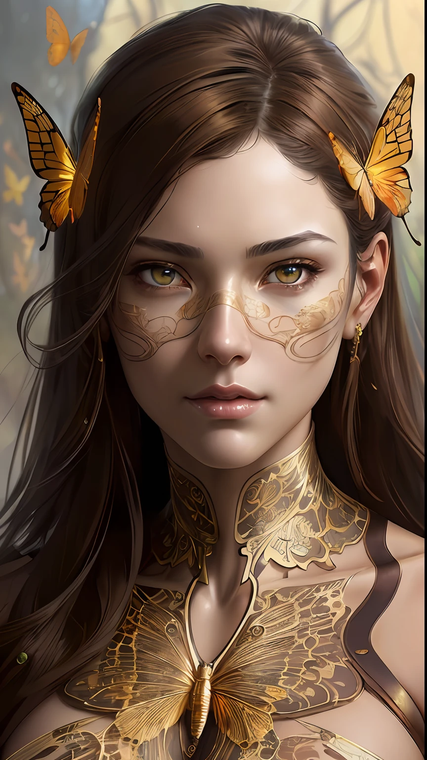 8k portrait of beautiful cyborg with brown hair, intricate, elegant, highly detailed, majestic, digital photography, art by artgerm and ruan jia and greg rutkowski surreal painting gold butterfly filigree, broken glass, (masterpiece, sidelighting, finely detailed beautiful eyes: 1.2), hdr,