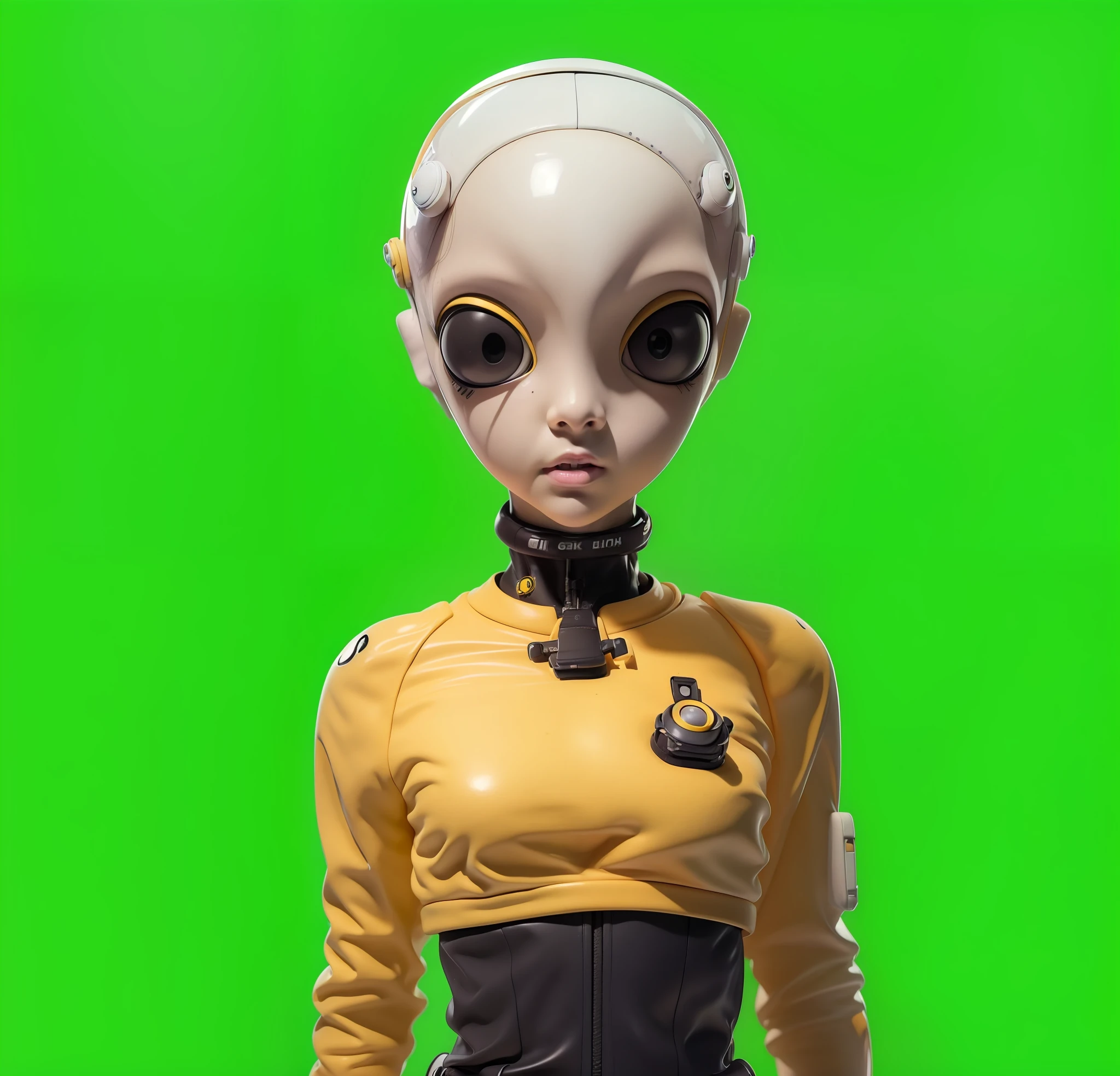 "(an alien female  character:1.2) with white skin, totally black and big eyes, and an otherworldly aura, the background is the cockpit of a spacecraft, yellow clothes"