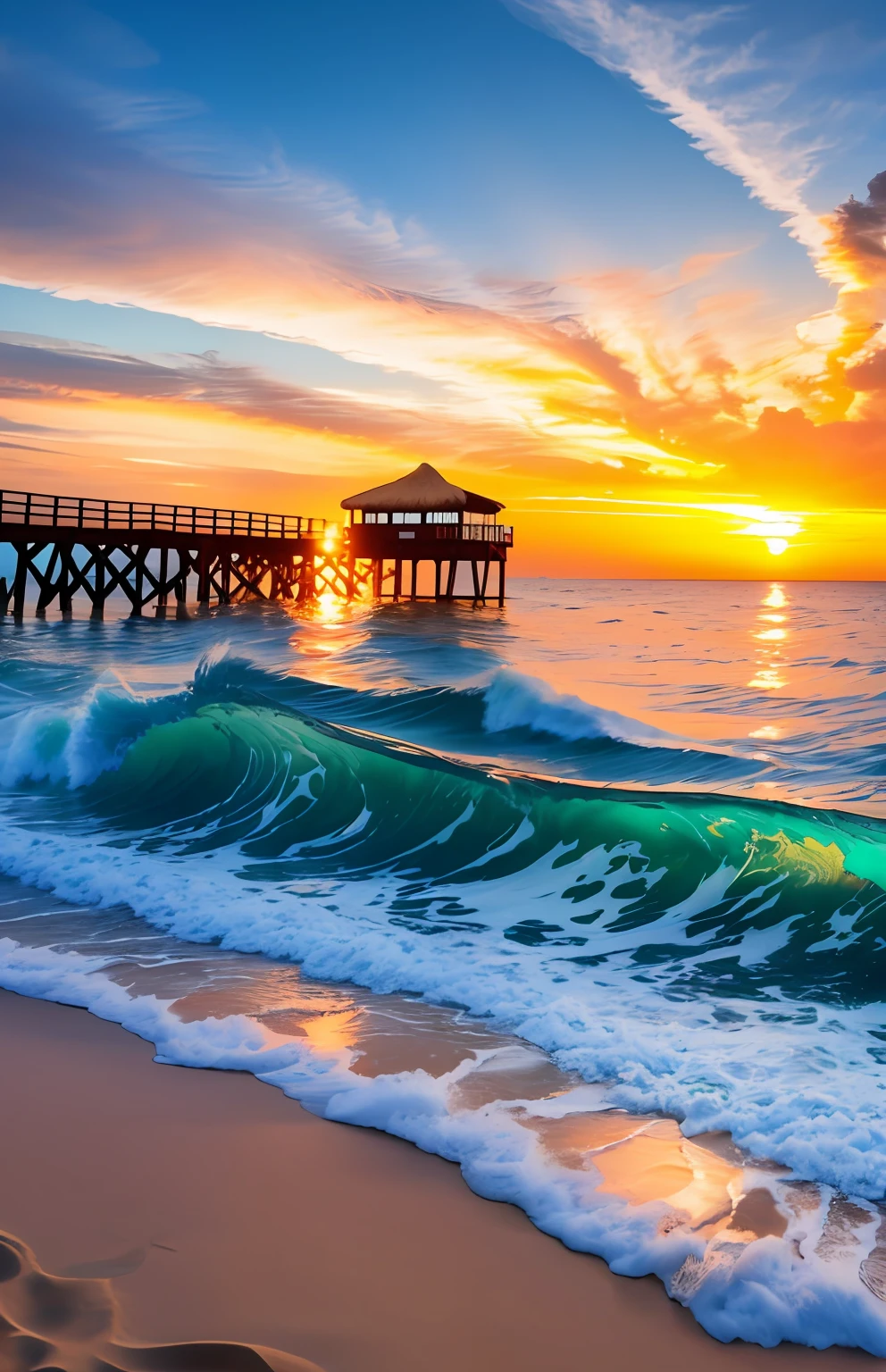 there is a picture of a beach with a pier and a boat, beautiful sea landscapes, shutterstock, nice sunset, beautiful italian beach scene, amazing background, beautiful waves in sea, best on adobe stock, which shows a beach at sunset, beautiful high resolution, stunning waves, beautiful morning, beautiful sunrise, beautiful photo, vibrant vivid colors