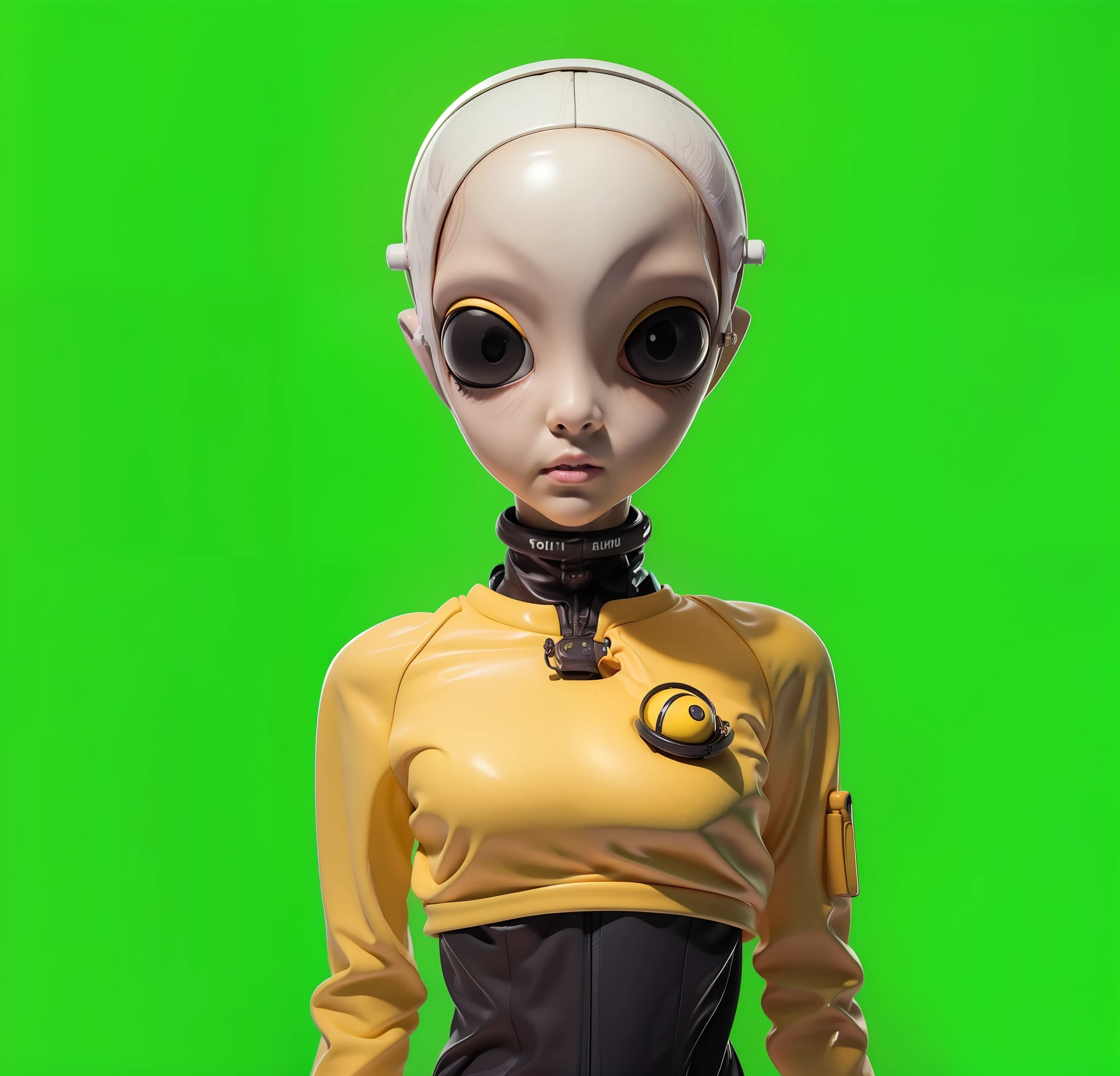 "(an alien female character:1.2) with white skin, totally black and big eyes, and an otherworldly aura, the background is the cockpit of a spacecraft, yellow clothes"