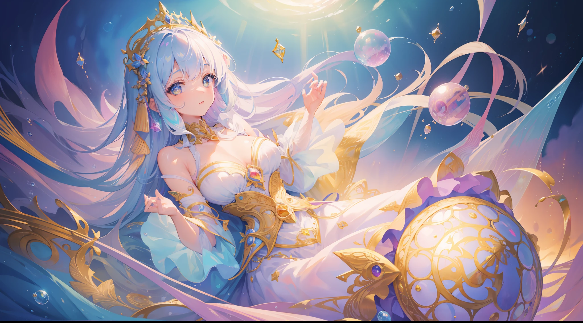 masterpiece, best quality, 8k resolution, sharp focus, intricate detail, beautiful girl, sparkling eyes, golden ratio face, otherworldly liquid, watercolor, pastel colors, bright colors, whimsical, colorful, sharp focus, high resolution, fine detail, princess layered ballgown, ((round eyes)), iridescent bubbles, magical castle landscape in background