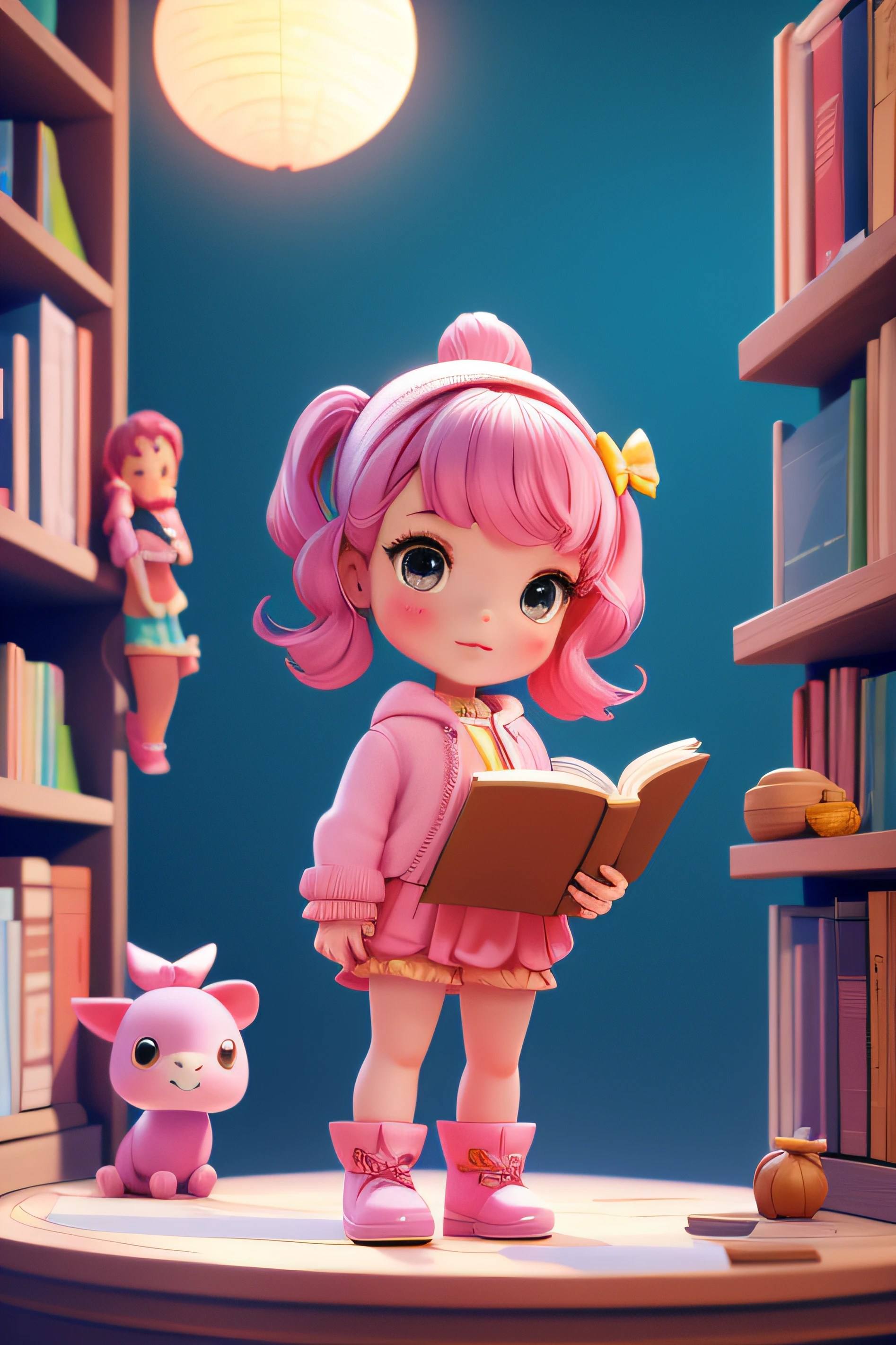 3dcharacter, 1 , mulher adulta das Maldivas, sardas, hazelnut eyes, frohawk rosa, jammers, (corpo inteiro: 1.2), fundo simples, obra-prima, melhor qualidade, (fundo gradiente de ameixa clara: 1.1) she's in a library and that library has dolls that some stories from the books: The books are: The girl who didn't want to be a doll; A Boneca de Vidro; A Boneca de Luxo; A Boneca de Pano; The Doll's Revenge; Boneca de Ossos. The scenery needs to have pink details, It can be in the scenery or in the clothes of the present day.