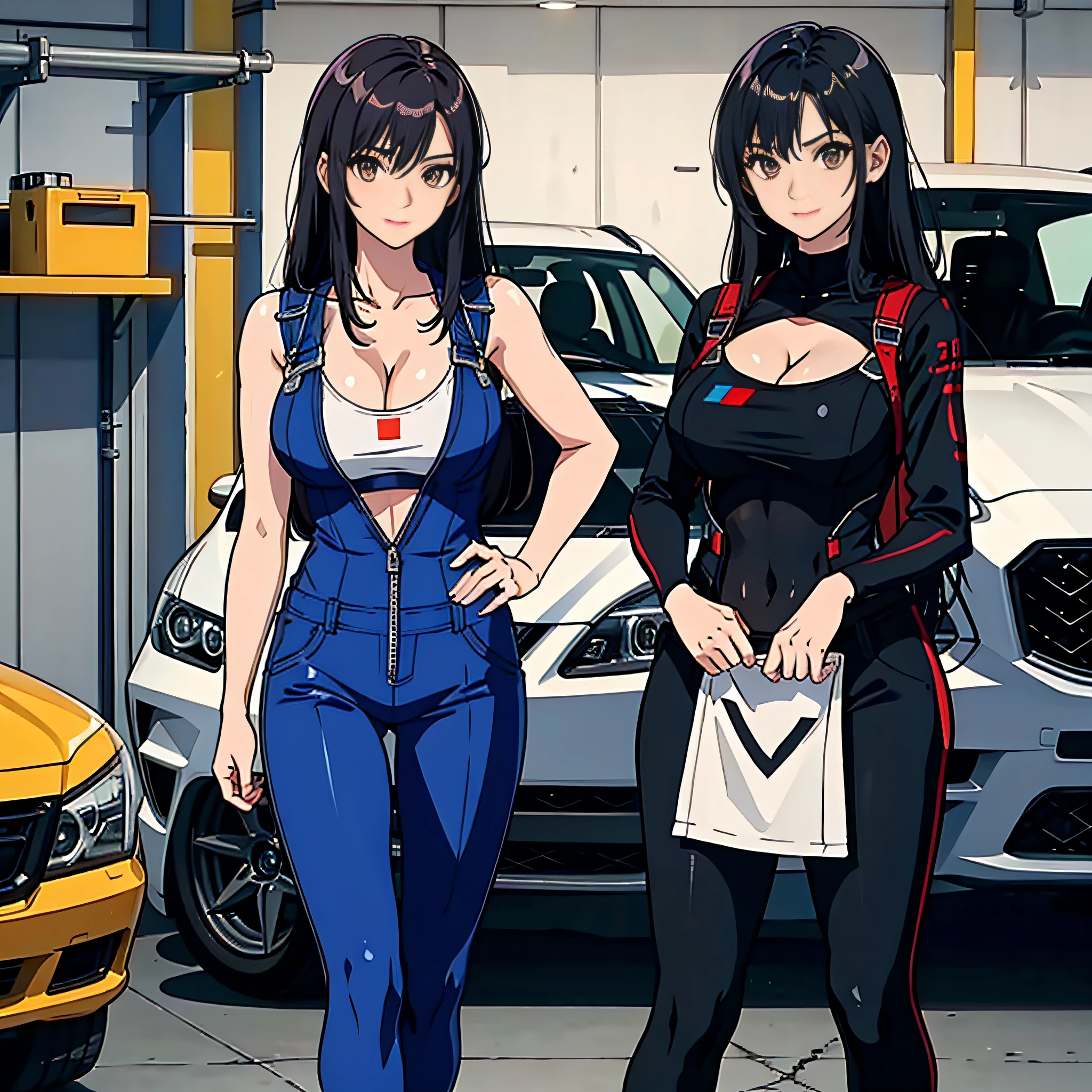 1girll,Solo,Zero, Slender, big breasts beautiful, Young, Little woman, Coveralls,a repairman,tightsuit, navel,cleavage,Large breasts,The Car,Garage,Garage