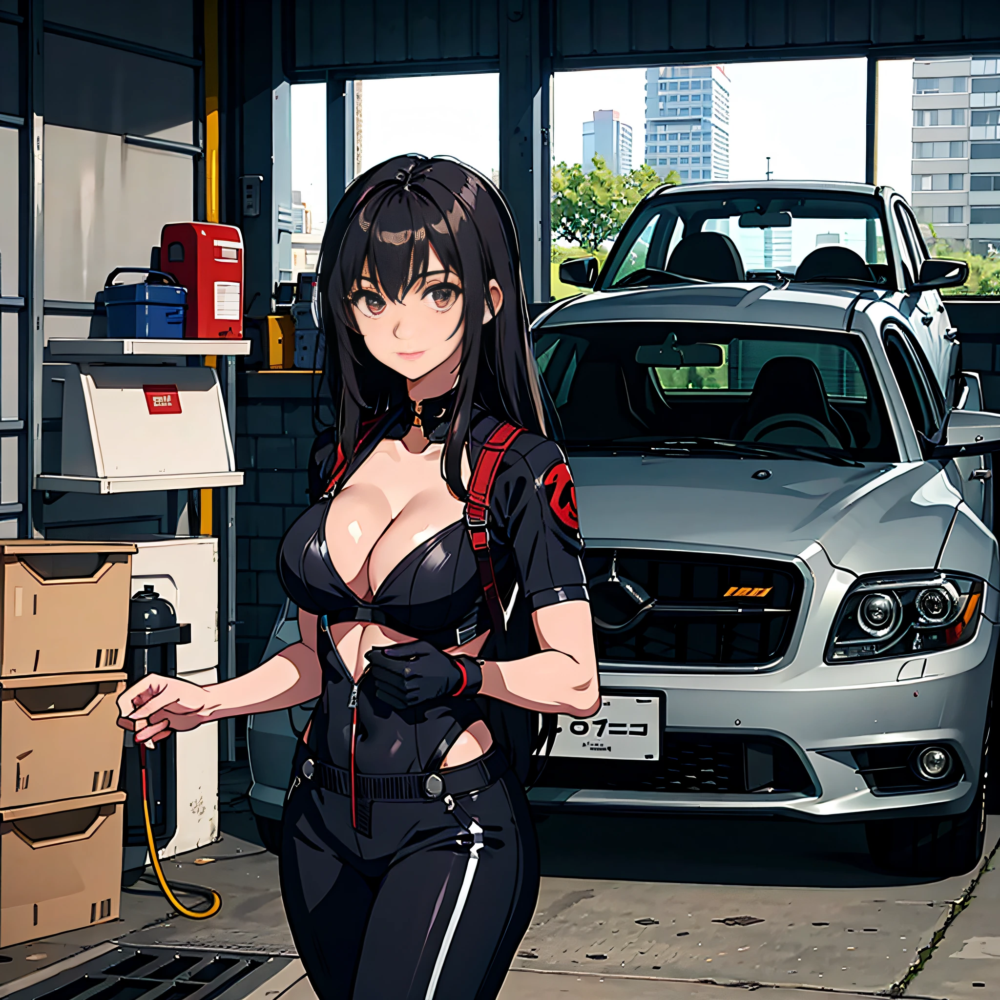 1girll,Solo,Zero, Slender, big breasts beautiful, Young, Little woman, Coveralls,a repairman,tightsuit, navel,cleavage,Large breasts,The Car,Garage,Garage