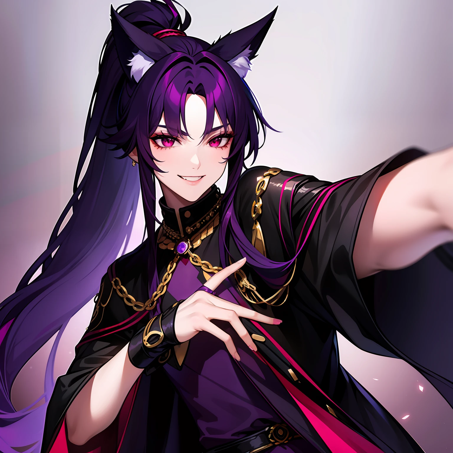 Young guy, pretty facial features, long dark purple hair, half gathered in messy ponytail, half loose, dangerous bright red eyes, black fit clothes with many jewels, fox ears and tail, mad smile